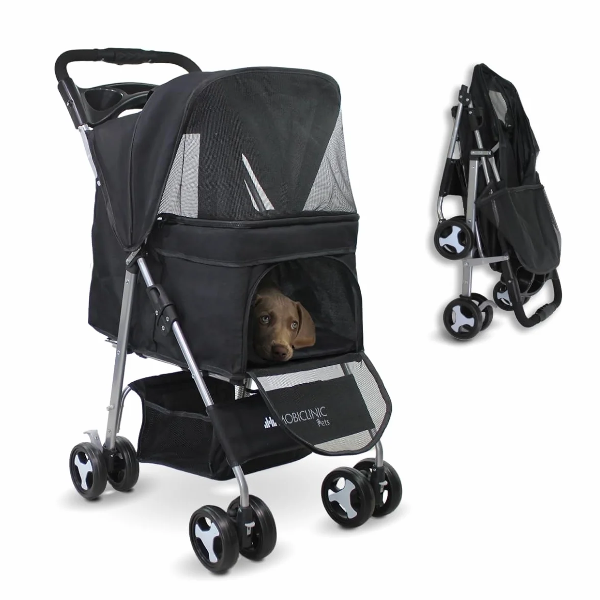 Mobiclinic® pets, Passeggino per cani, Ideale di piccola taglia e anziani, Zuma, Fino a 15 kg, Ruote con freni 360°, Cestino xxl, 3 finestre cerniera zanzariera, Portabicchieri (nero)