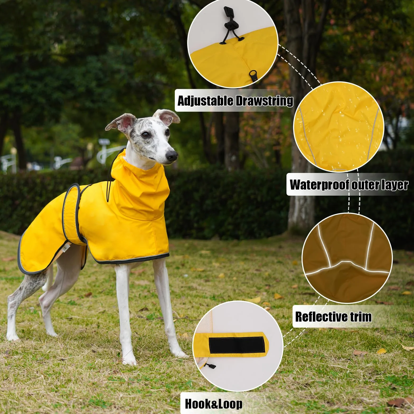 Geyecete Impermeabile Giacca per cane regolabile e leggera,con cinghie riflettenti e foro pettorina,ottimo regalo per levrieri, lurcher e frustini per cani-Giallo-L