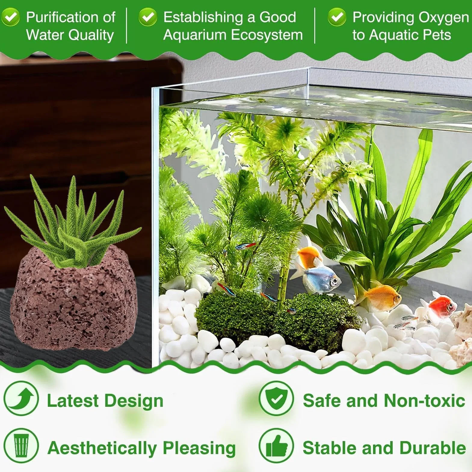 per piante da acquario, 4 pezzi, pietre vulcaniche con design anti-galleggiamento, decorativi con consistenza naturale, forniture per acquario, per eliminare gli odori