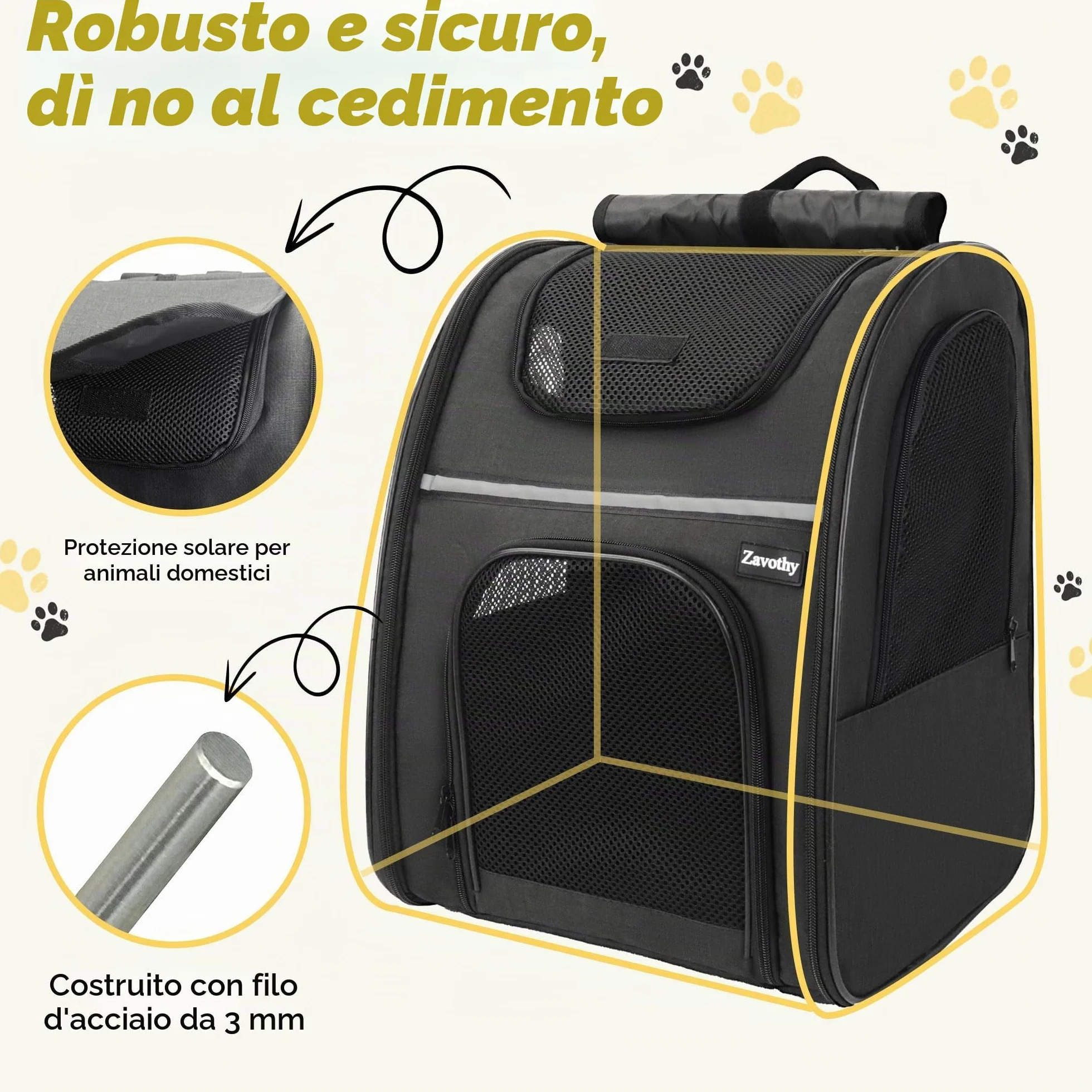 Zavothy Zaino per Cani e Gatti, Zainetto Trasportino Portatile e Pieghevole, con Finestra a Rete e Supporto Imbottito per la Schiena, Traspirante, Carico Massimo 8kg (Nero)