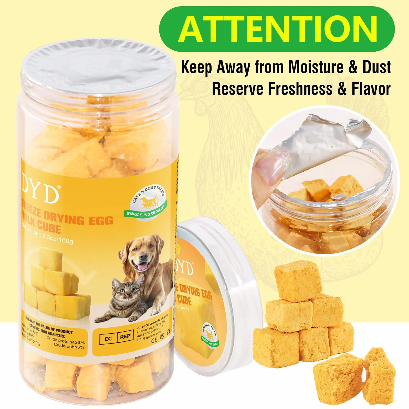 DYD Snack Liofilizzato al Tuorlo d'Uovo per Gatti & Cani - Ingrediente Singolo Naturale - Supporta Pelle e Mantello - Croccante Premio Sano per Addestramento - Senza Additivi, Senza Cereali - 100g