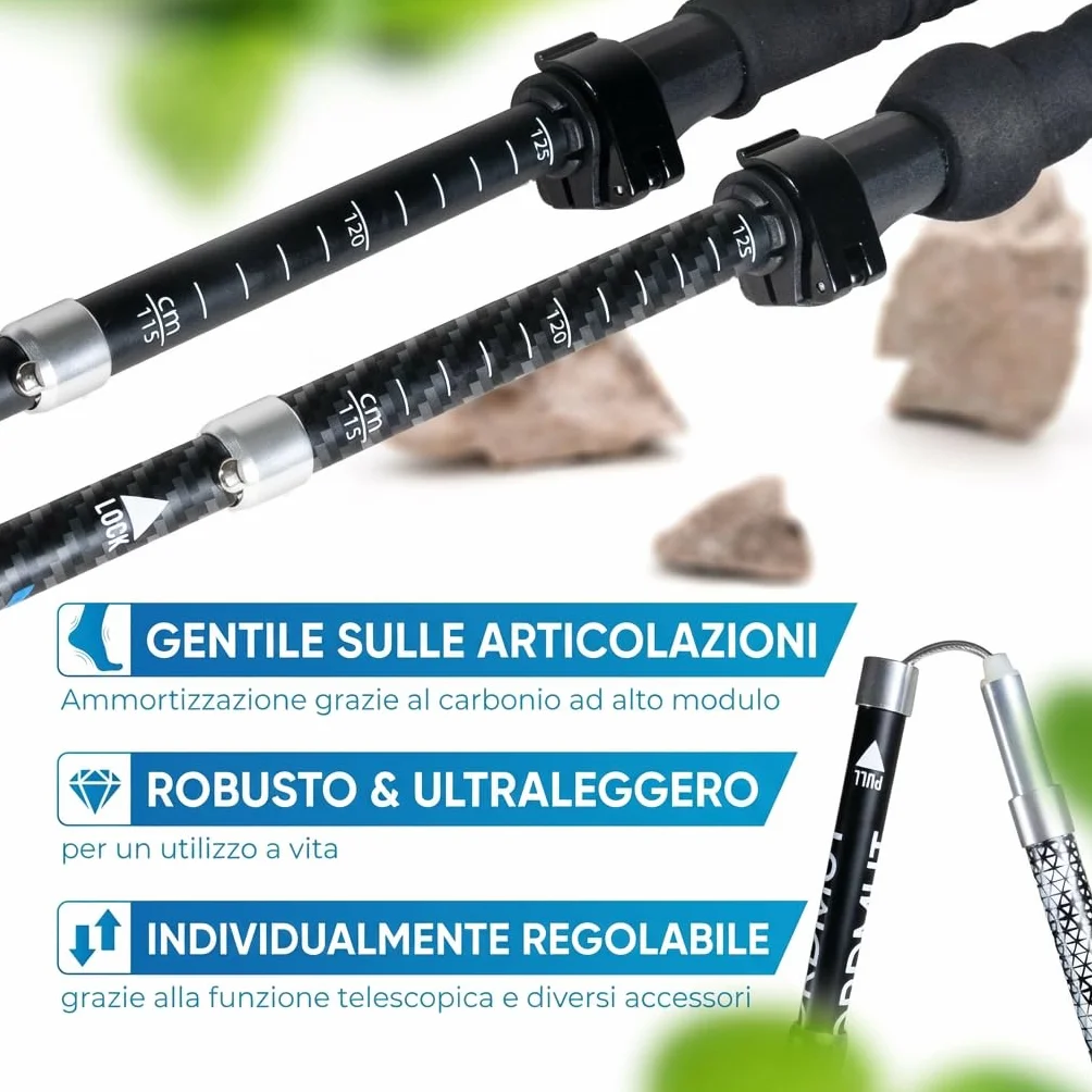 Nordmut Bastoncini da Trekking Pieghevoli in Alluminio o Carbonio Ultra-leggeri 1,50m 1,65m Impugnature Ergonomiche