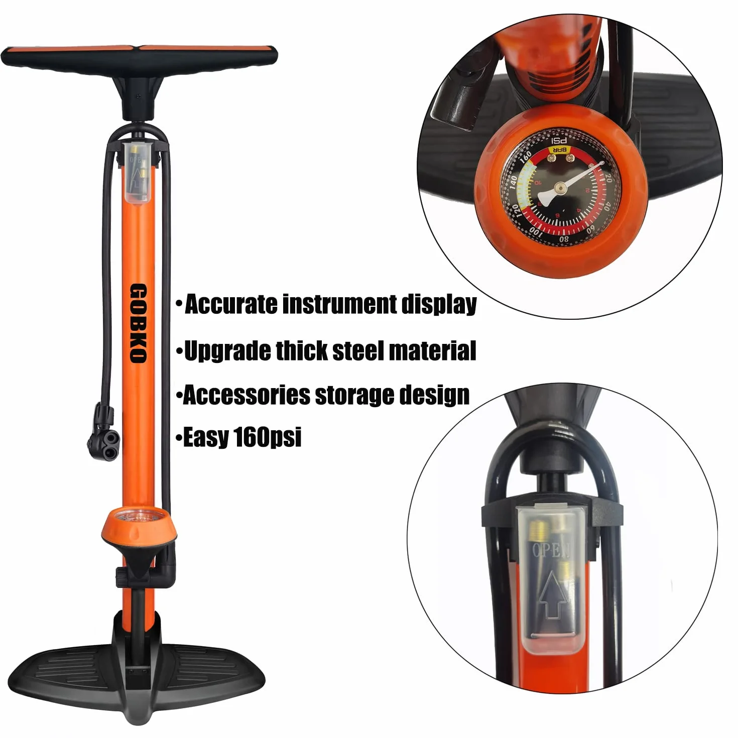 Pompa da pavimento per bici, pompa da bicicletta da pavimento con pompe per biciclette Presta & Schrader Valvole Pompa ad alta pressione portatile multiuso da 160 psi per bici e palloni