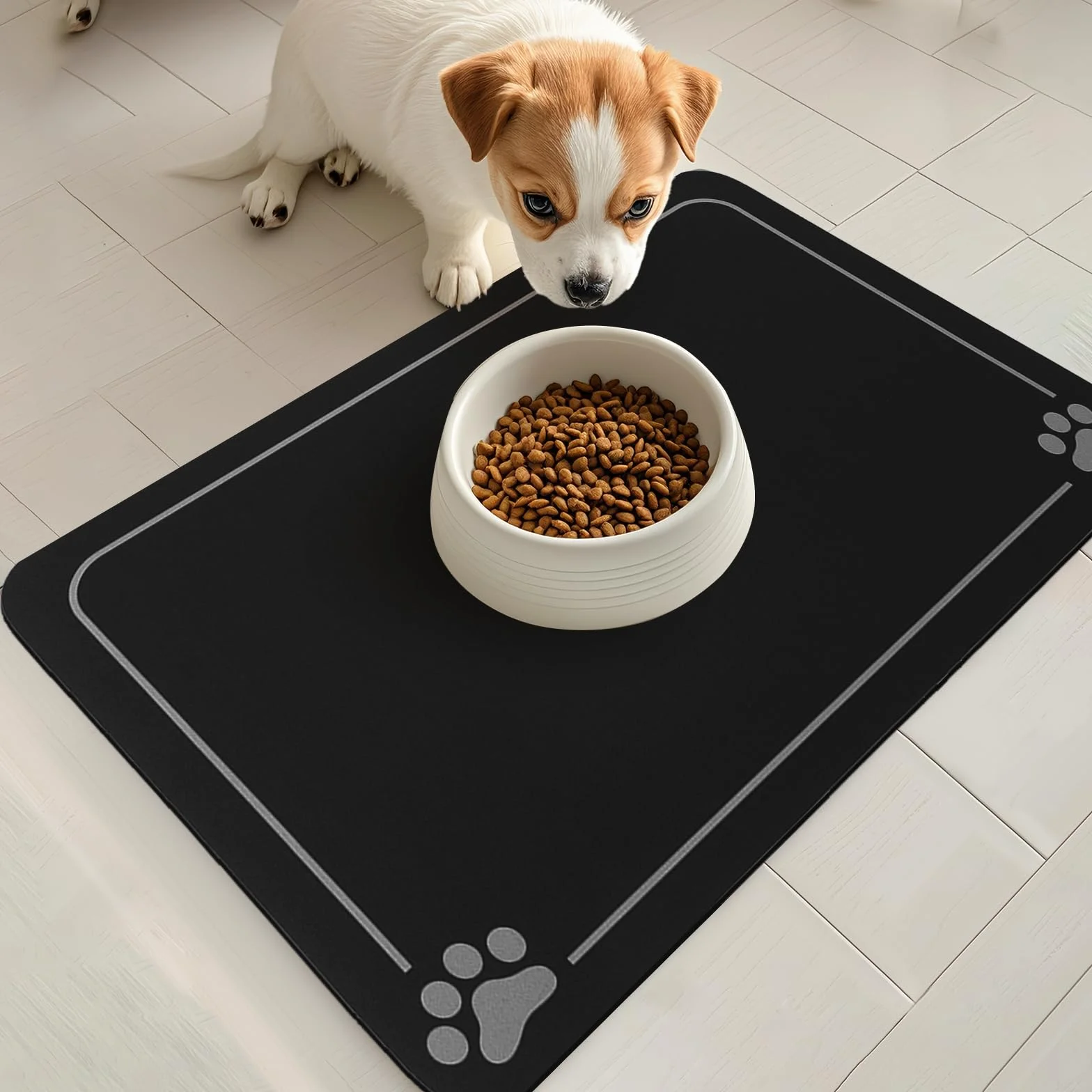 Tappetino per ciotola, tappetino per ciotola per cane e gatto, tappetino antiscivolo, assorbente, ad asciugatura rapida e facile da pulire (nero,40x60cm)