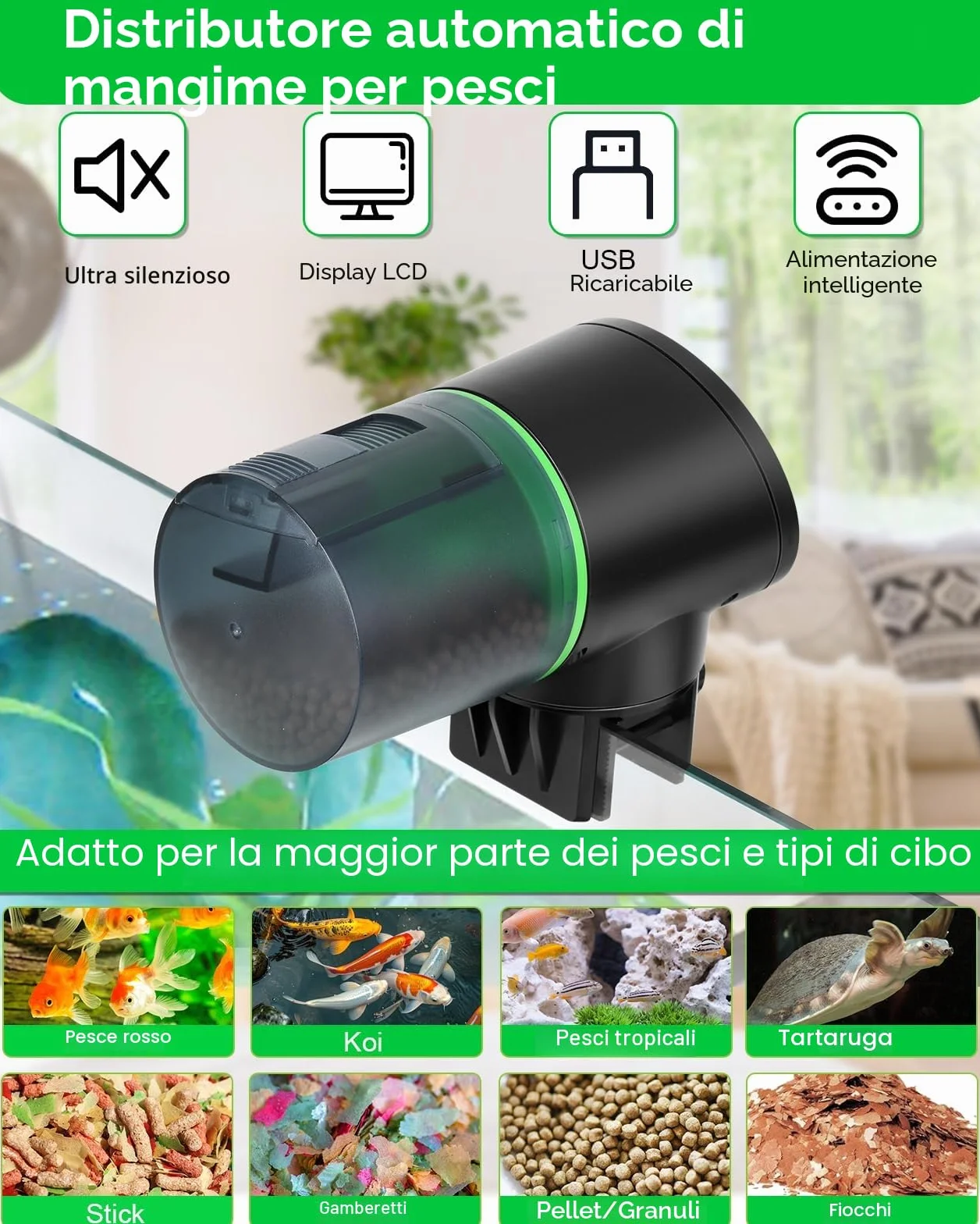 Mangiatoia Automatica Acquario Pesci 12/24/48 Ore con Cavo USB Charger, Nero