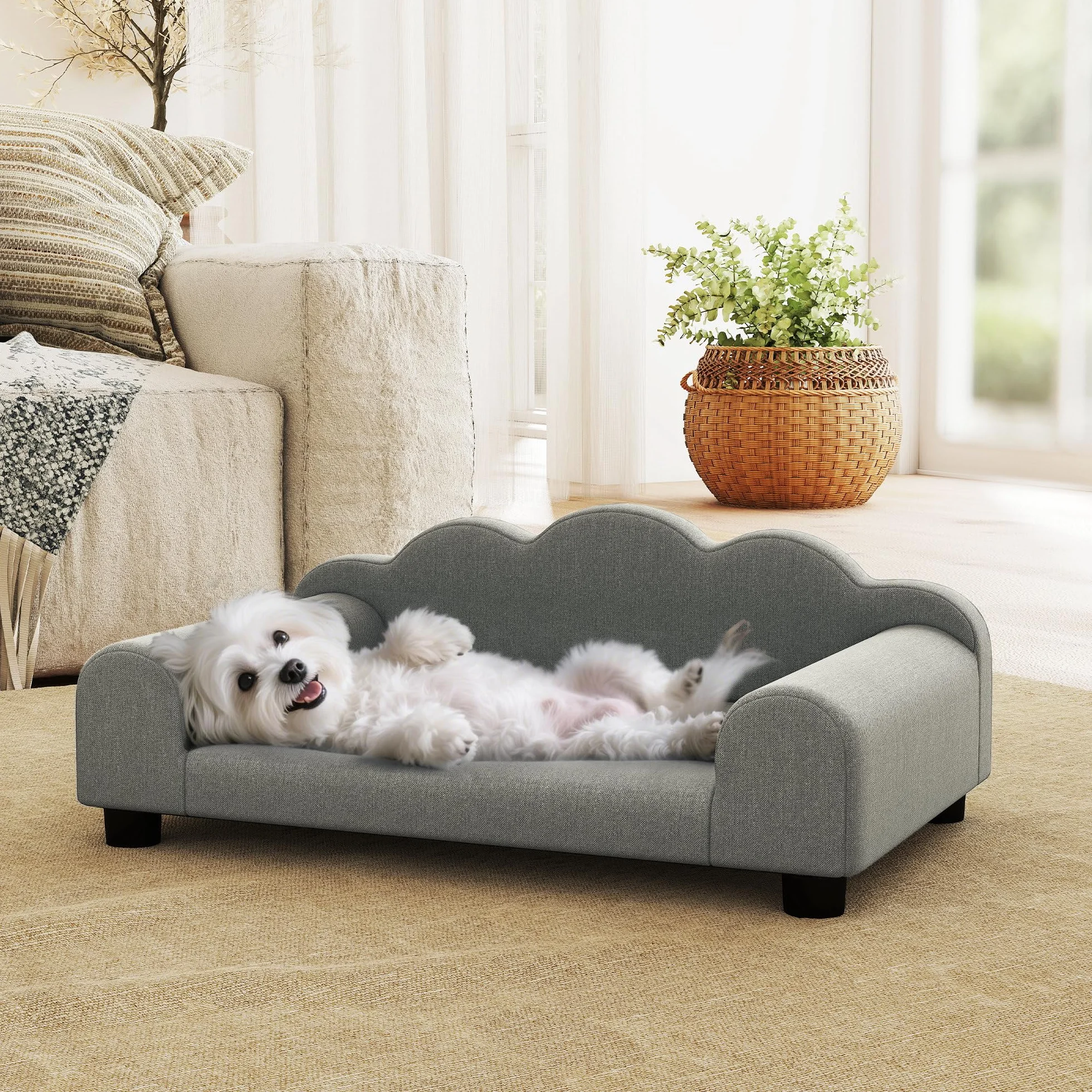 PawHut Divano per Cani Piccoli Morbido con Braccioli di Supporto, Divanetto per Cani in Legno e Tessuto French Terry, 66x42x28.5 cm, Grigio