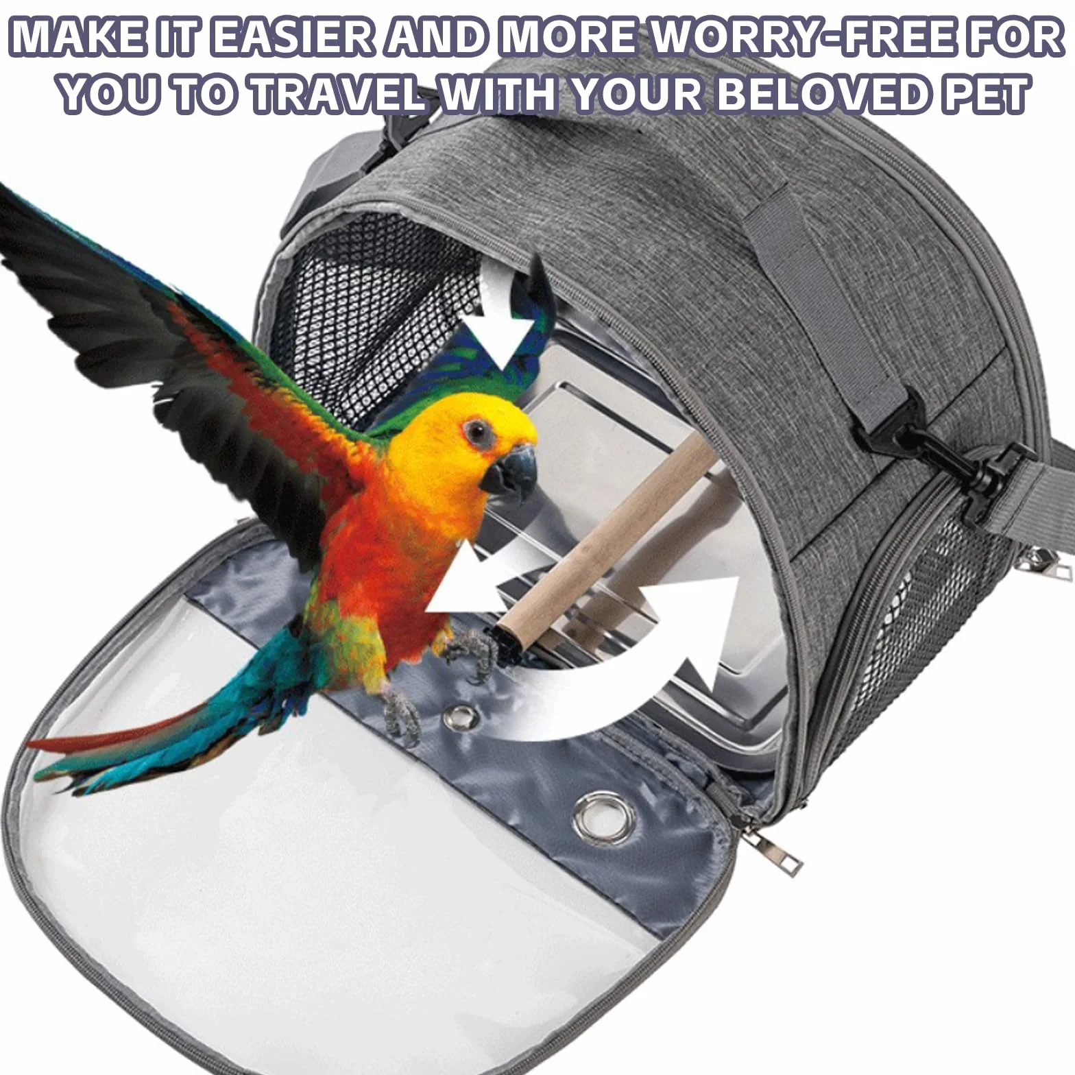 Borsa per uccelli con asta e vassoio in acciaio inox, per il trasporto di uccelli, traspirante, portatile, per pappagallini, piccoli animali, Bird Transport Box (grigio)