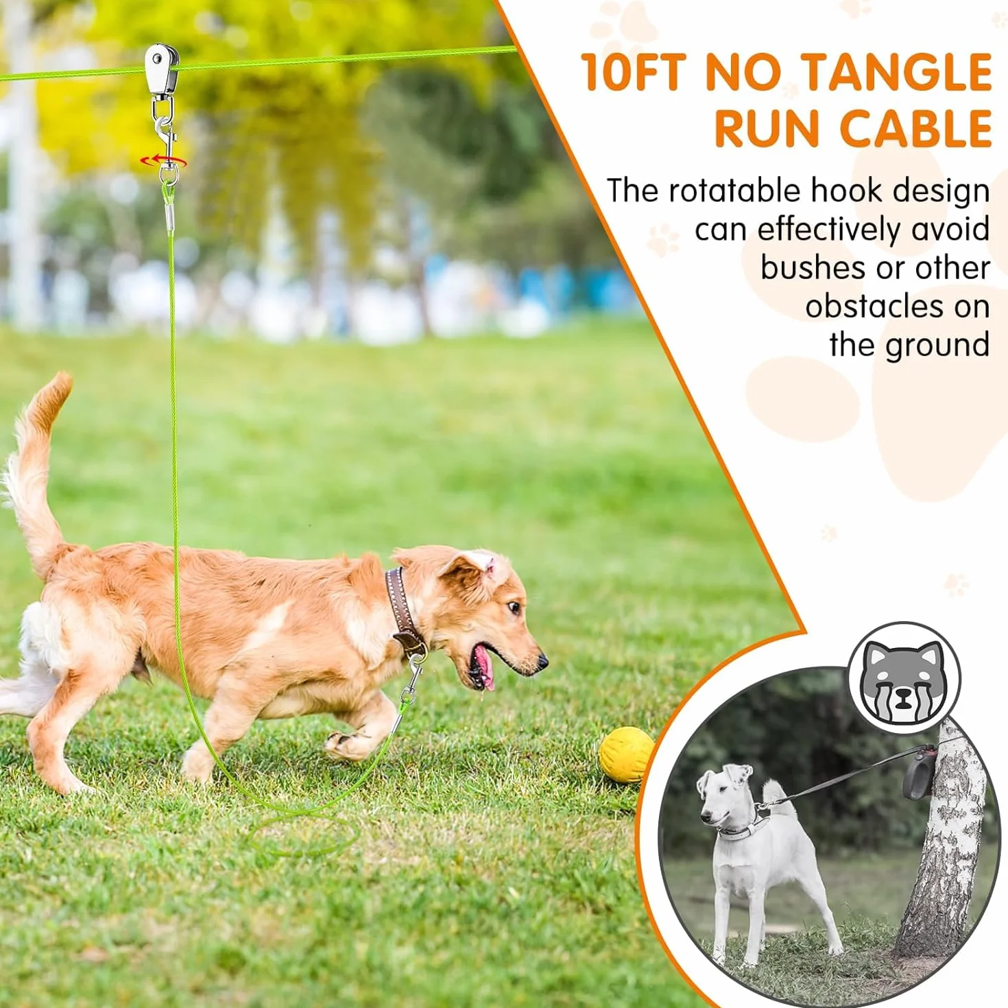Cavo per cani resistente per cani con sistema di trasporto per cani in acciaio inox da 60 piedi con tappeto per cani per il giardino e il campeggio, cavo grande per cani fino a 250 libbre