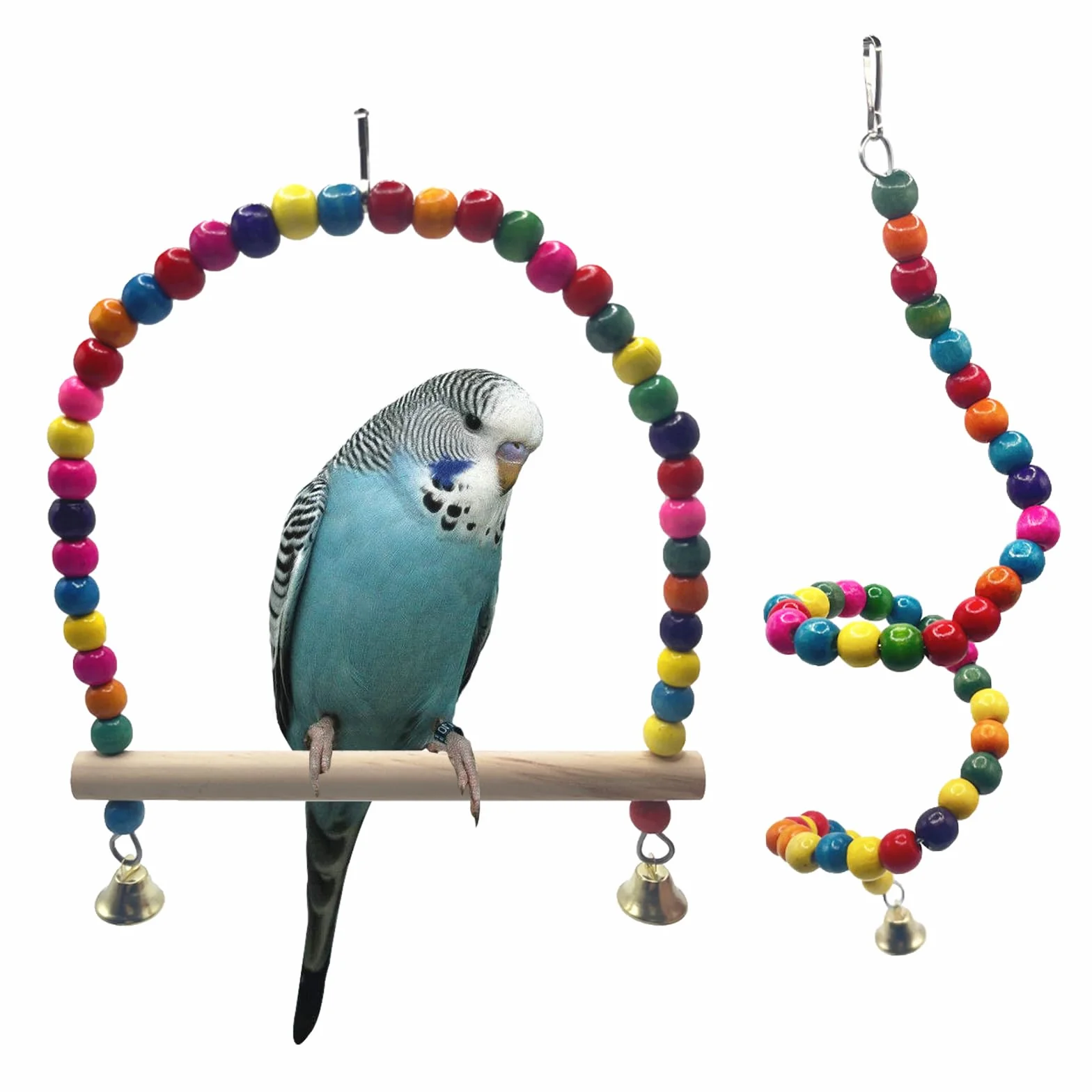 Bekecidi Altalena per Uccelli e Corda per Arrampicata con Perline Colorate, Giocattoli Appesi per Uccelli con Campanello Forniture per Animali Domestici per Pappagalli Piccoli Animali
