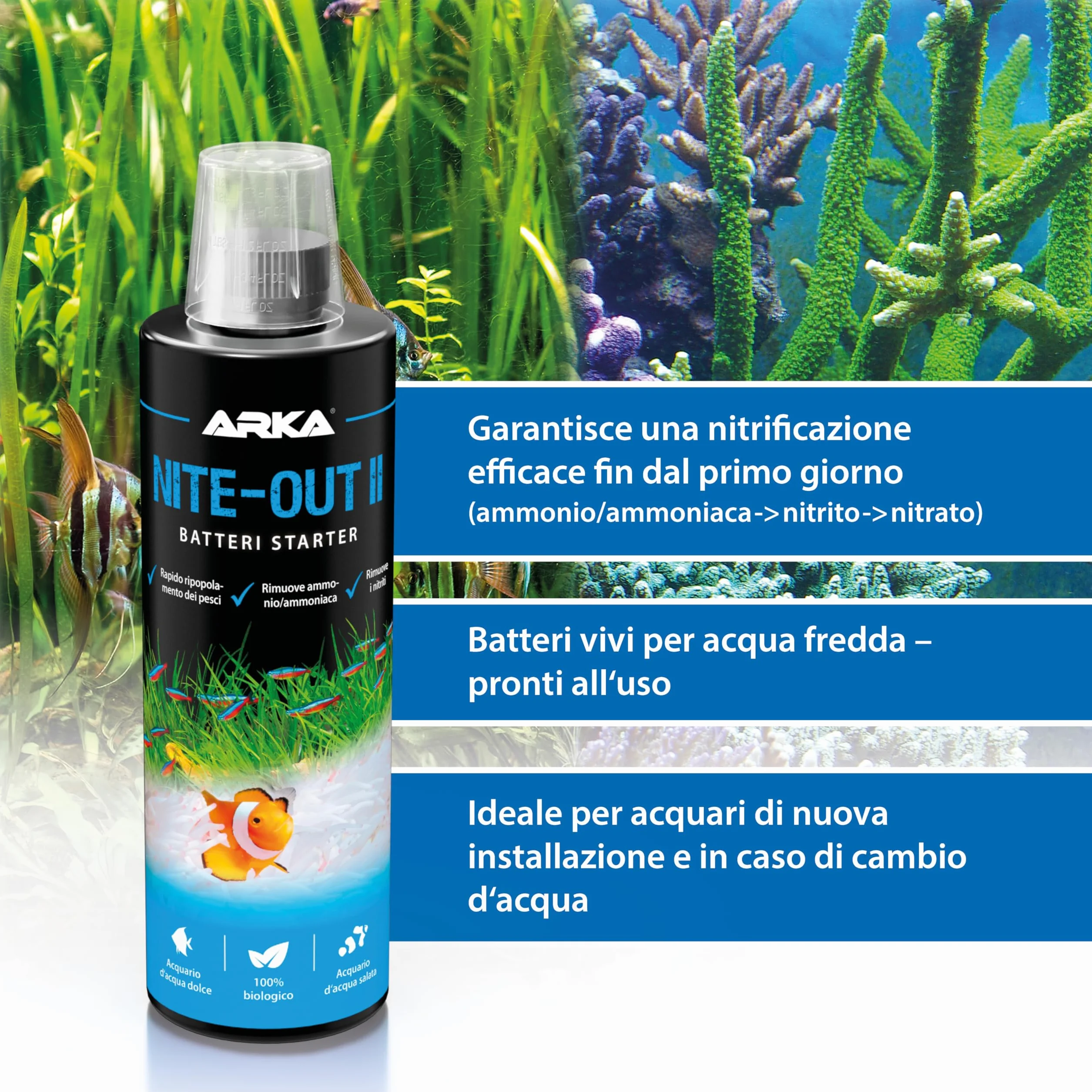 Batteri avviamento acquario – MICROBE-LIFT Nite-Out II 473 ml – per nuovi allestimenti, cambi d’acqua e inserimento pesci – riduce ammonio e nitriti – attivo subito, biologico e sicuro – ARKA