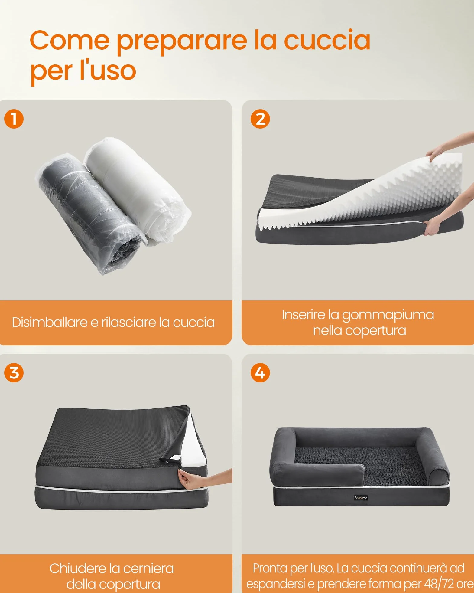 Feandrea Cuccia per Cani Ortopedica, Letto Divano per Animali, 120 x 85 x 18 cm, Grigio Scuro