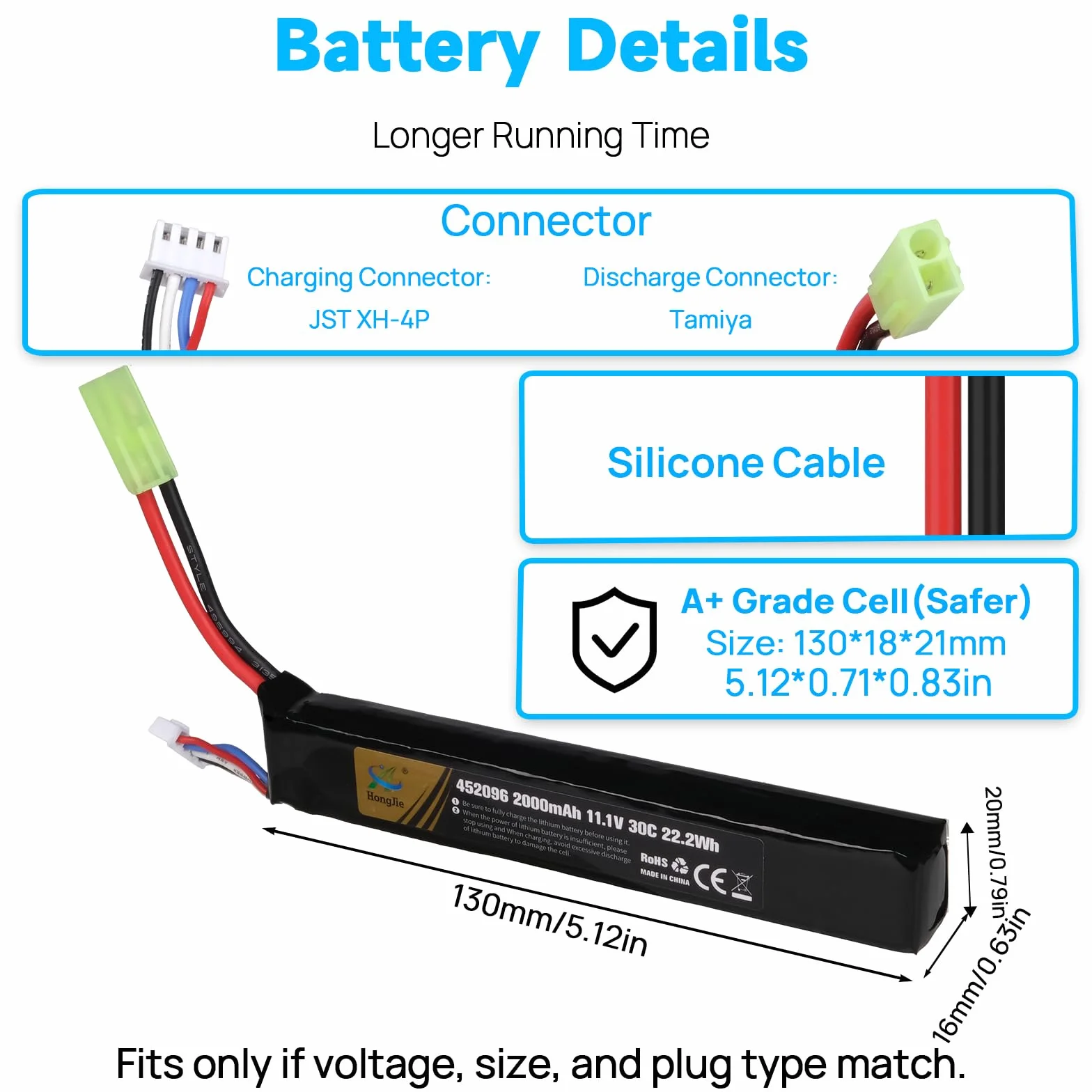 Batteria LiPo Ricaricabile 11,1 V 2000 mAh 30C 3S con Tamiya Connettore per Airsoft