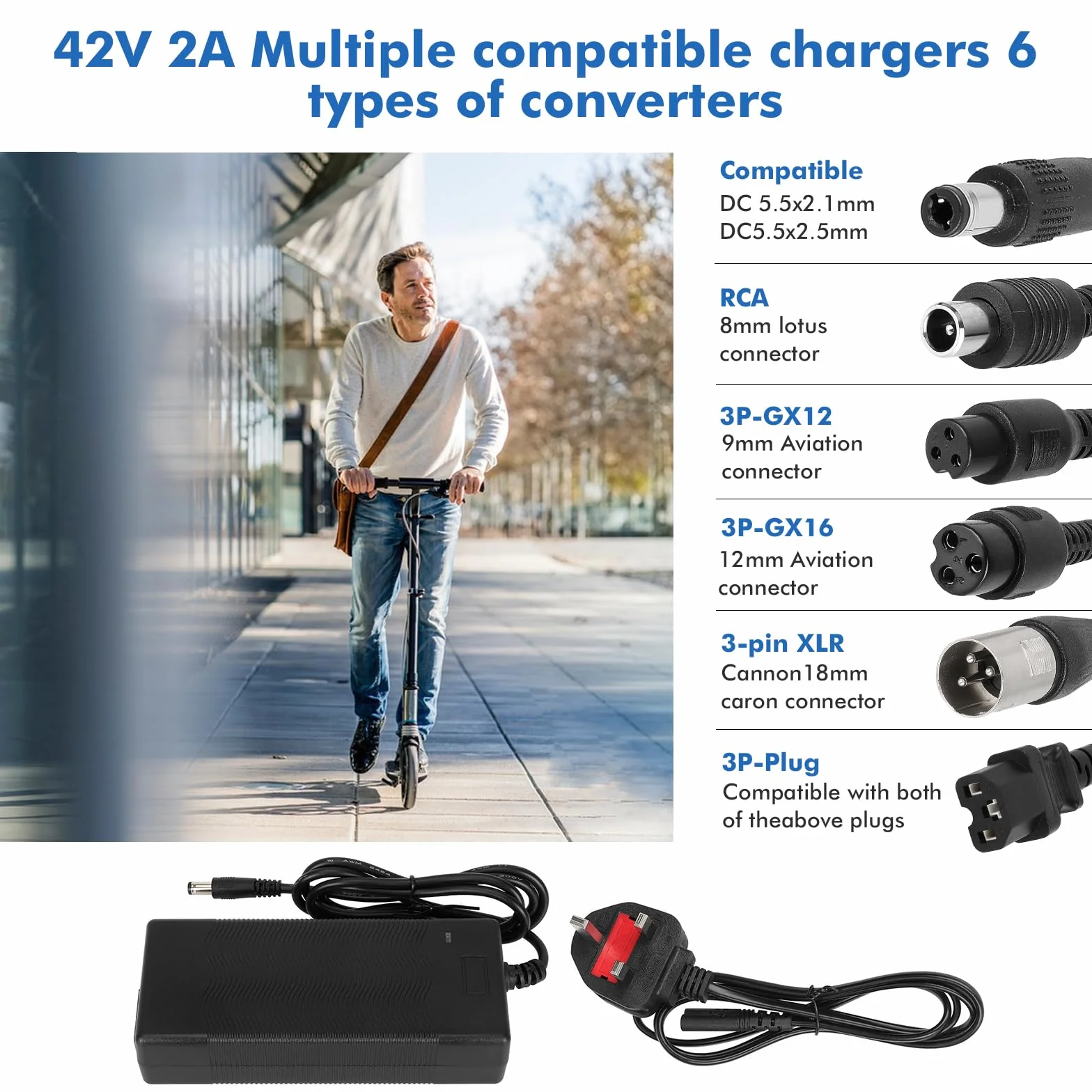 Caricatore Universale 42V 2A per Scooter Elettrico, Hoverboard, Xiaomi Ninebot con 6 Connettori