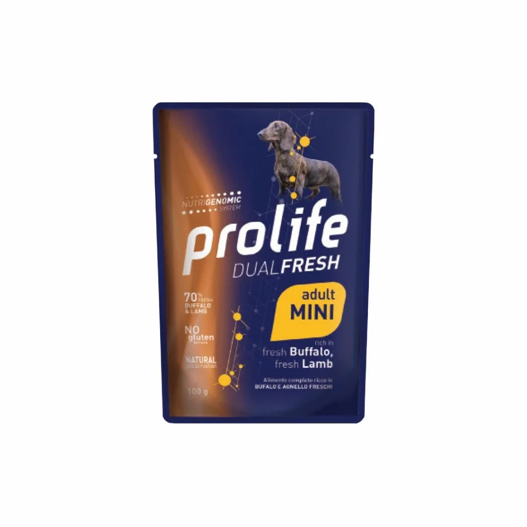 Prolife Umido Cane Dualfresh Adult Bufalo e Agnello, alimento completo per cani adulti di tutte le taglie,gusto Bufalo e Agnello | 12 bustine da 100 grammi l’una.