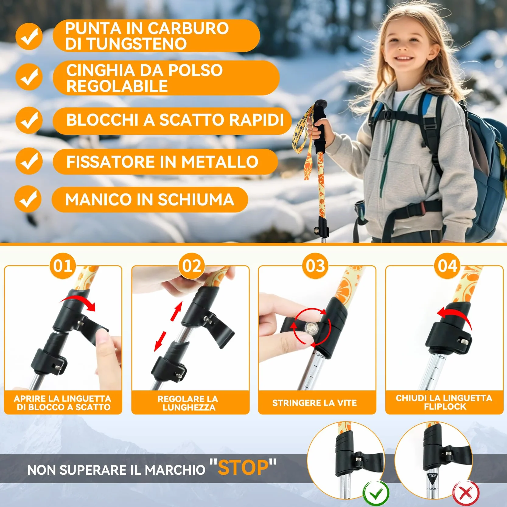Bastoncini da Trekking Pieghevoli per Bambini 2 Pezzi Regolabili Leggeri Alluminio Escursionismo Sci 6-12 Anni