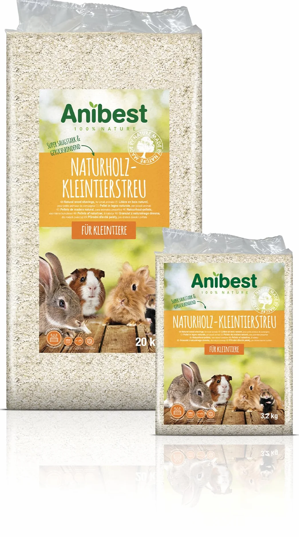 Anibest - Lettiera per piccoli animali, 100% naturale, per conigli, criceti, porcellini d'India, trucioli di legno morbido assorbente, privo di polvere e inodore, 3,2 kg/60 l