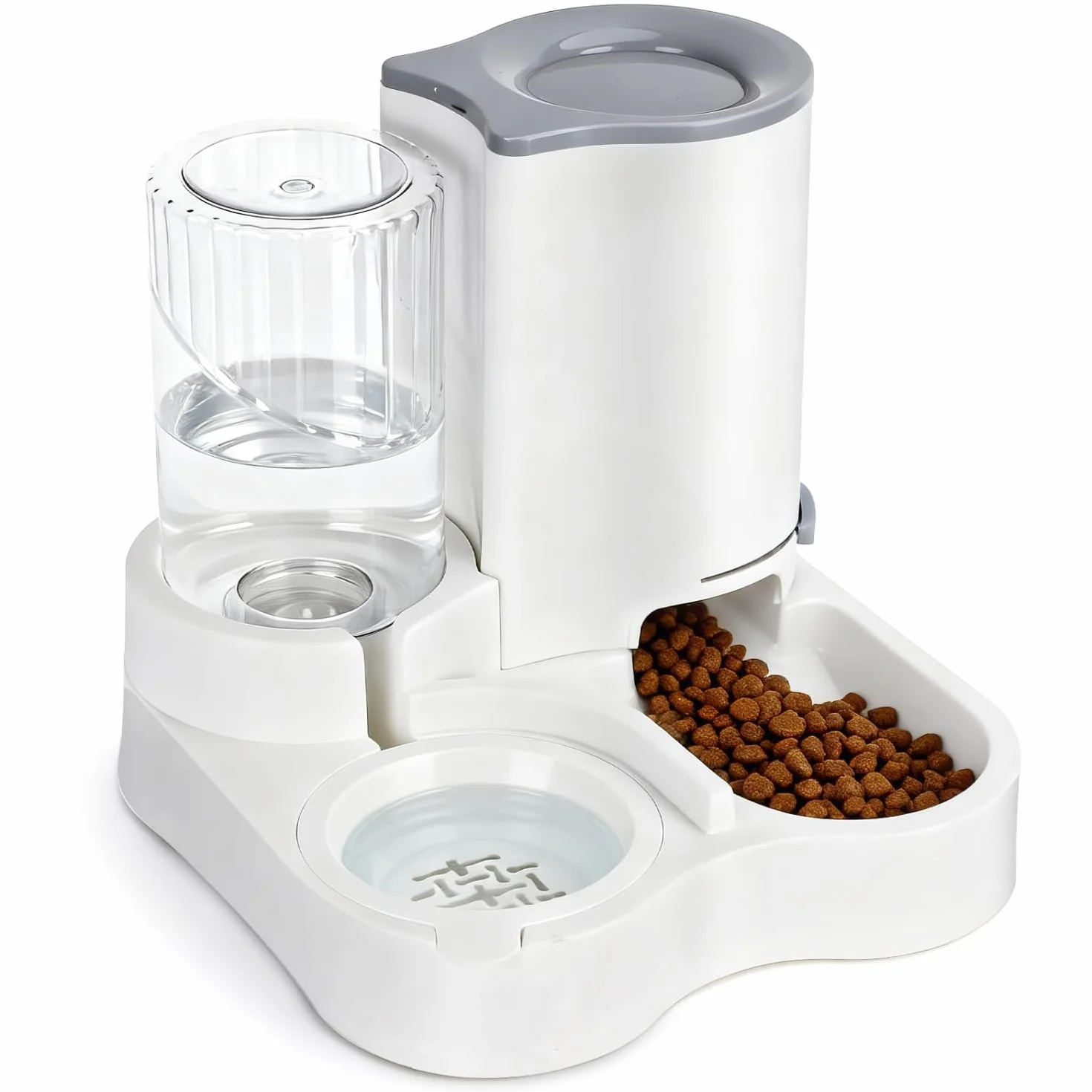 Nobleza Distributore per Gatti 2 in 1 con Fontana - Dispenser gravità Cibo 2.2L e Acqua 1L, Igienico Salvaspazio, Senza Elettricità, Design Moderno (Grigio)