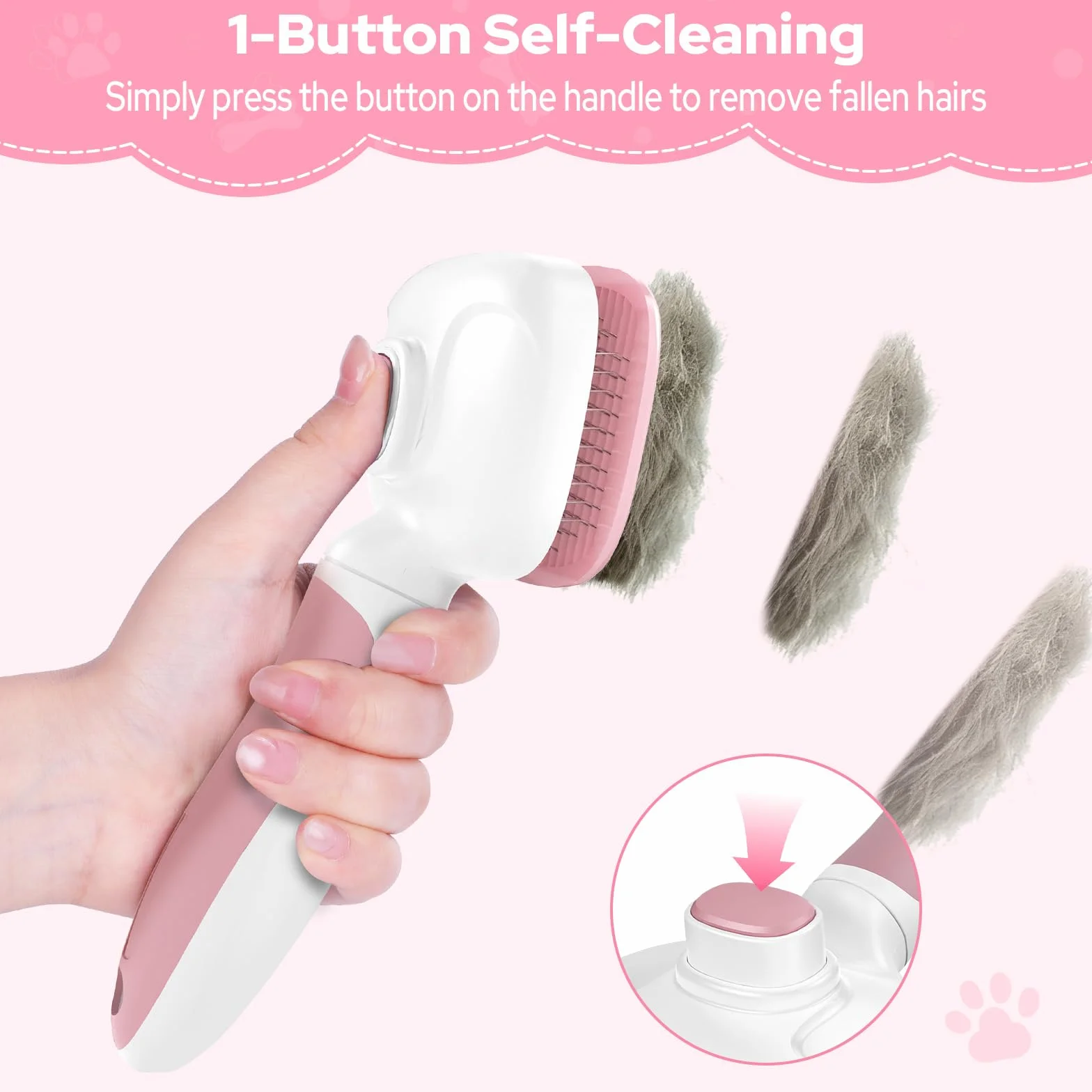 Zivacate Spazzola per Gatti, Autopulente per Animali Domestici, Nettoyage en Un Clic, Spazzola Cani, Manico Antiscivolo, Adatto a Cani e Gatti a Pelo Lungo, Medio e Corto - Rosa-Bianco