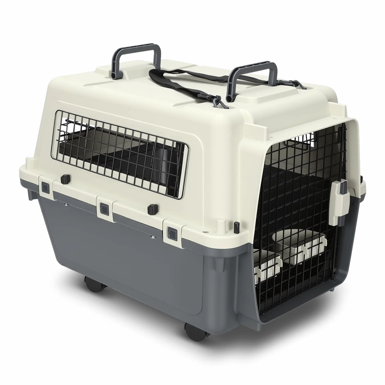 Trasportino per animali in PP con porta e finestra in metallo con maniglia e guinzaglio 67,3 * 54,9 * 51,5 cm con 4 ruote, trasportino per gatti e cani con ruota per gatti e ciotola per cibo