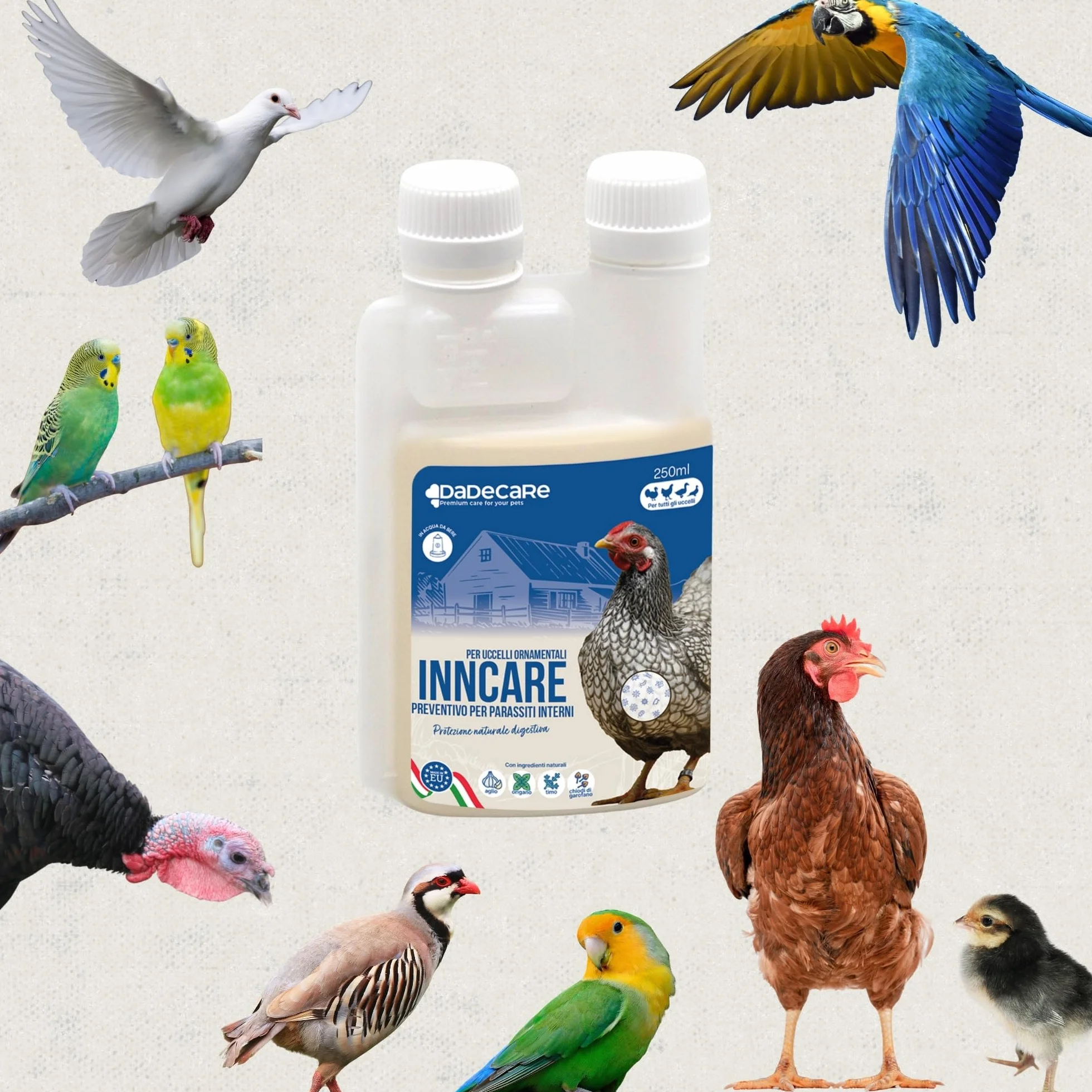 Inncare Preventivo Parassiti Interni Naturale 250 ml - Polli, Pollame ed Esotici - Estratto di Aglio e Oregano
