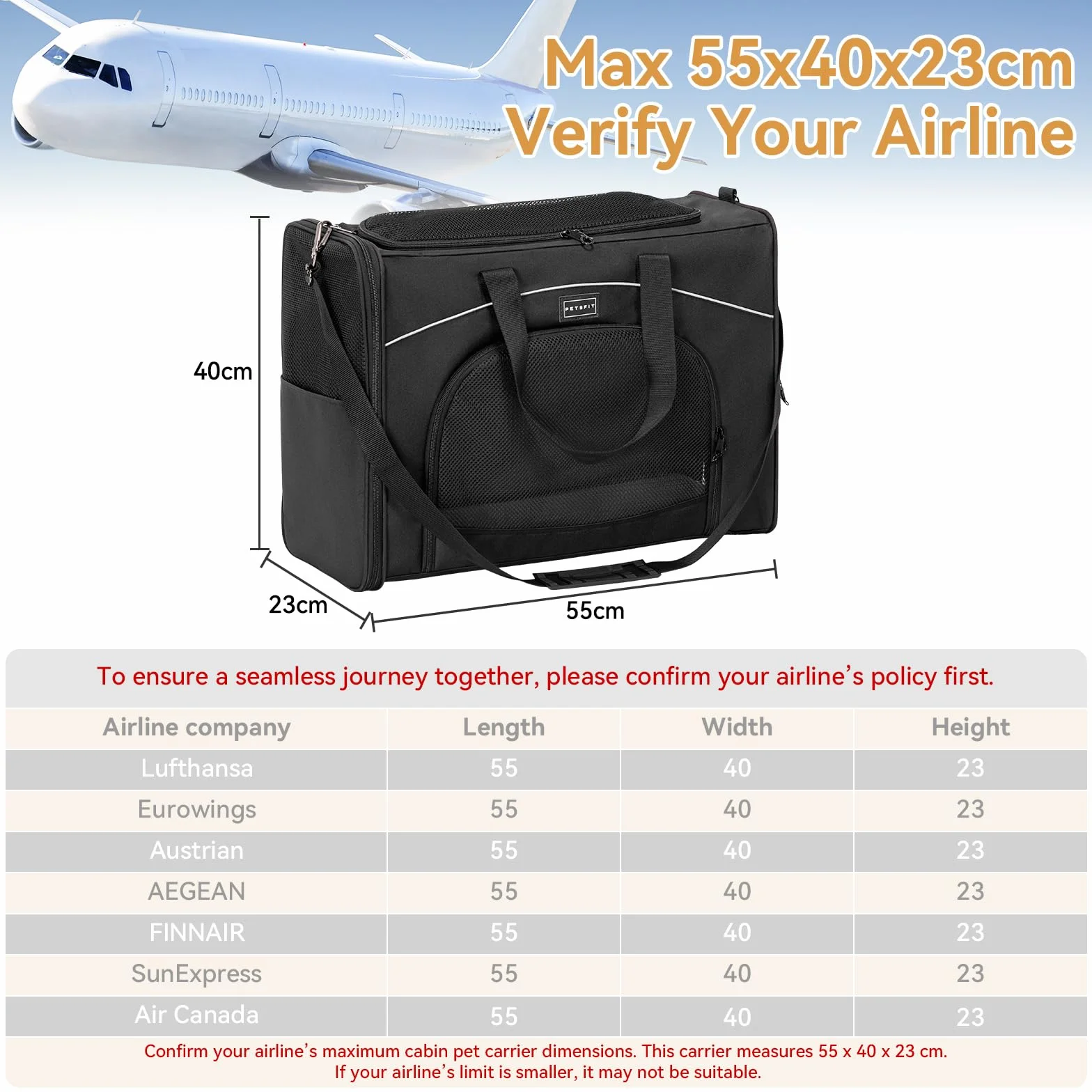 Petsfit Borsa per il trasporto di gatti e cani, aeroplano | borsa per cani e trasportino gatto | borsa aerea per animali domestici | trasporto sicuro in auto, aereo e treno, L/nero