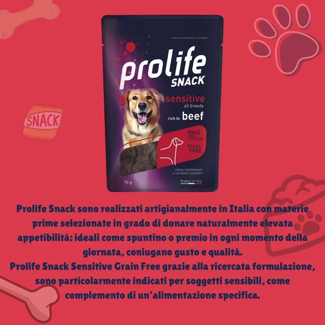 Prolife Snack Cane Adult Sensitive gusto MANZO, snack per cani adulti di tutte le taglie senza conservanti e senza cereali, grainfree, monoproteico | 3 bustine da 90 grammi l’una.