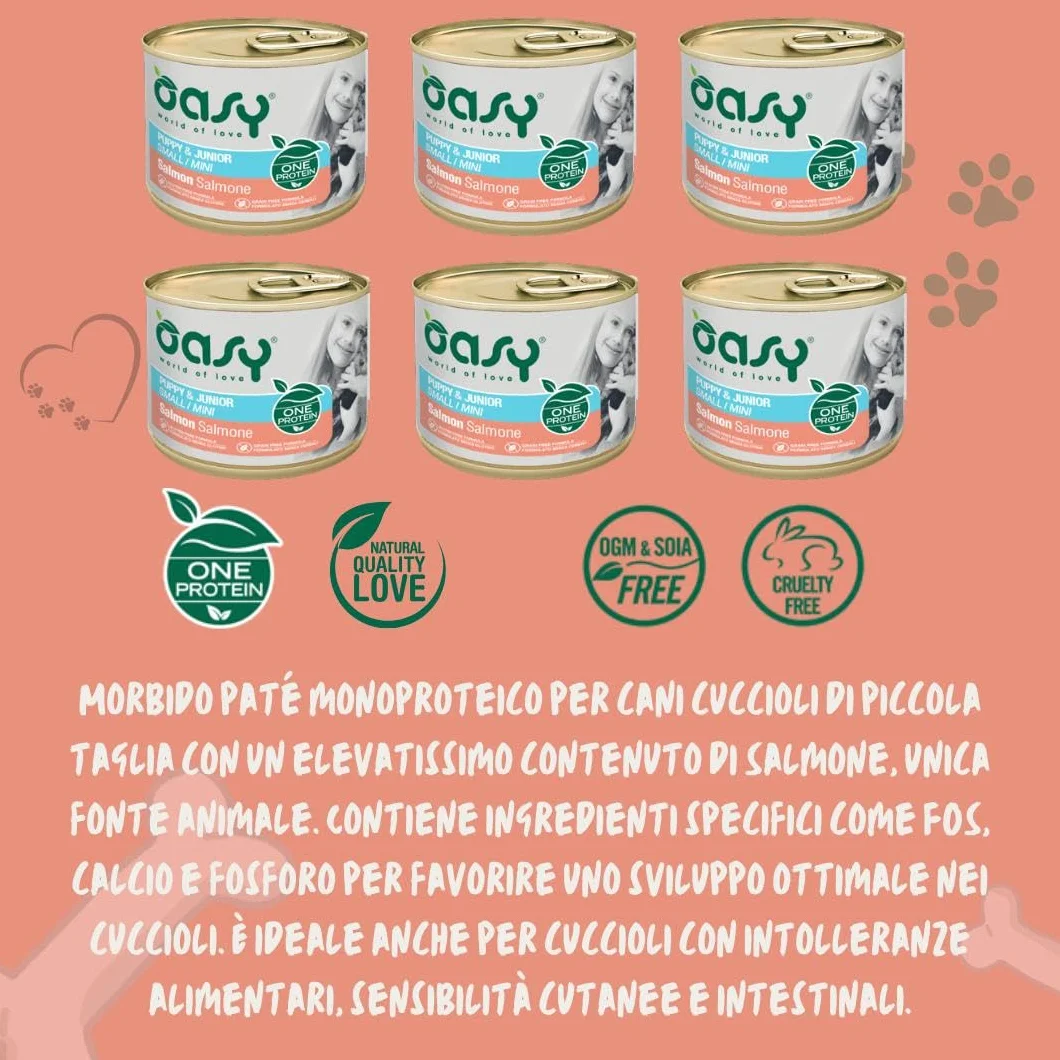 Oasy umido cane puppy monoproteico, alimento completo per cani cuccioli di taglia piccola (small) gusto SALMONE | 6 scatolette da 200 grammi l’una.