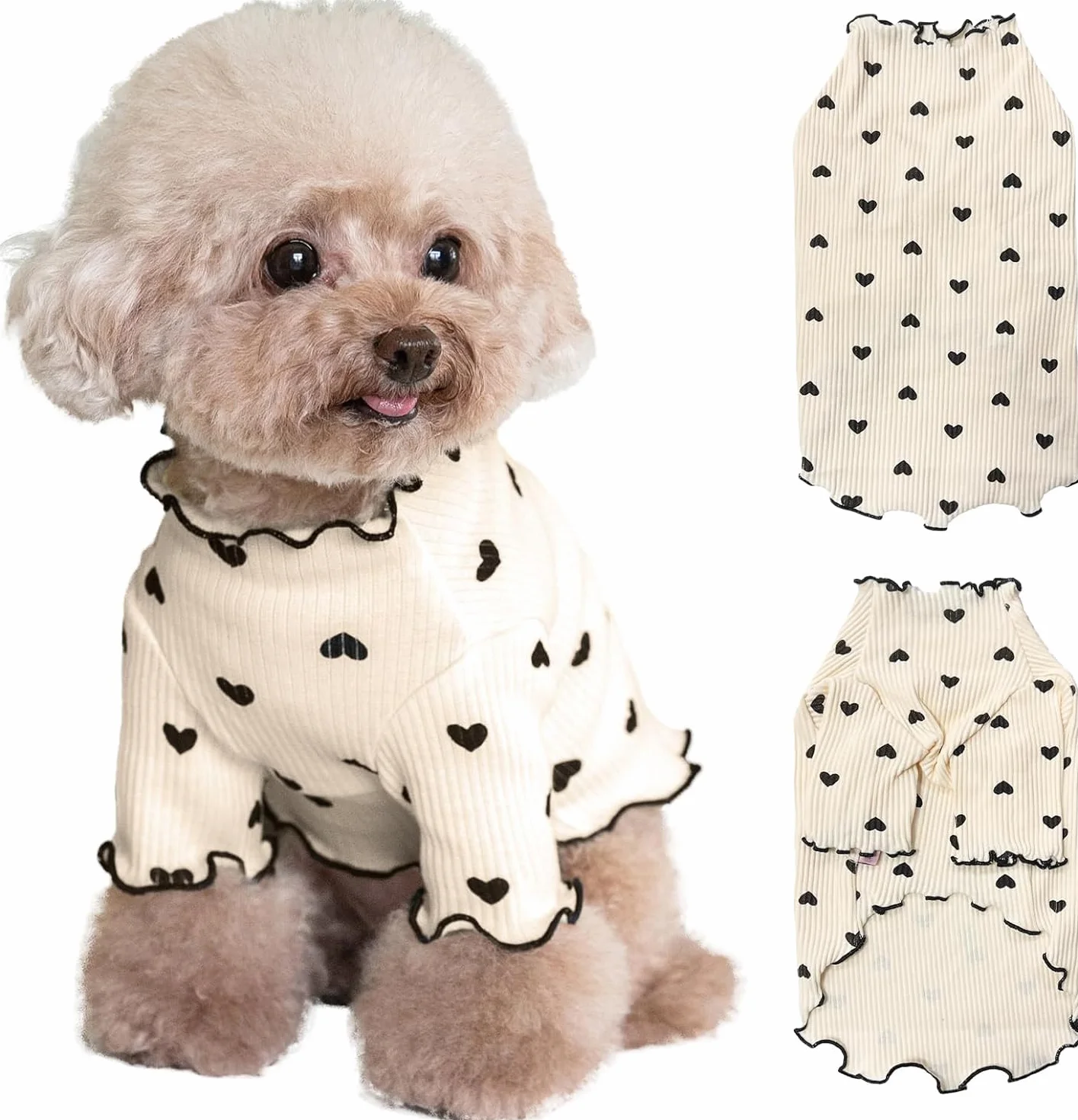 Haustierkleidung für kleine Hunde und Katzen, Sommer, Herbst, Herz, Bedruckt, dehnbar, Rüschen, langärmelig, Outfits für Chihuahua, Schnauzer, Shih Tzu, Yorkie (Kaffee, XS)