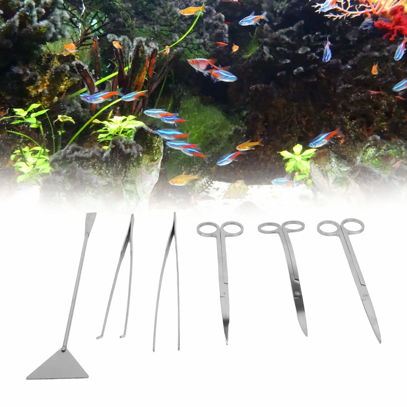 Acquario Aquascape Tools Kit 6w1 Antiruggine Acciaio Inox Pinzette Forbici Spatola