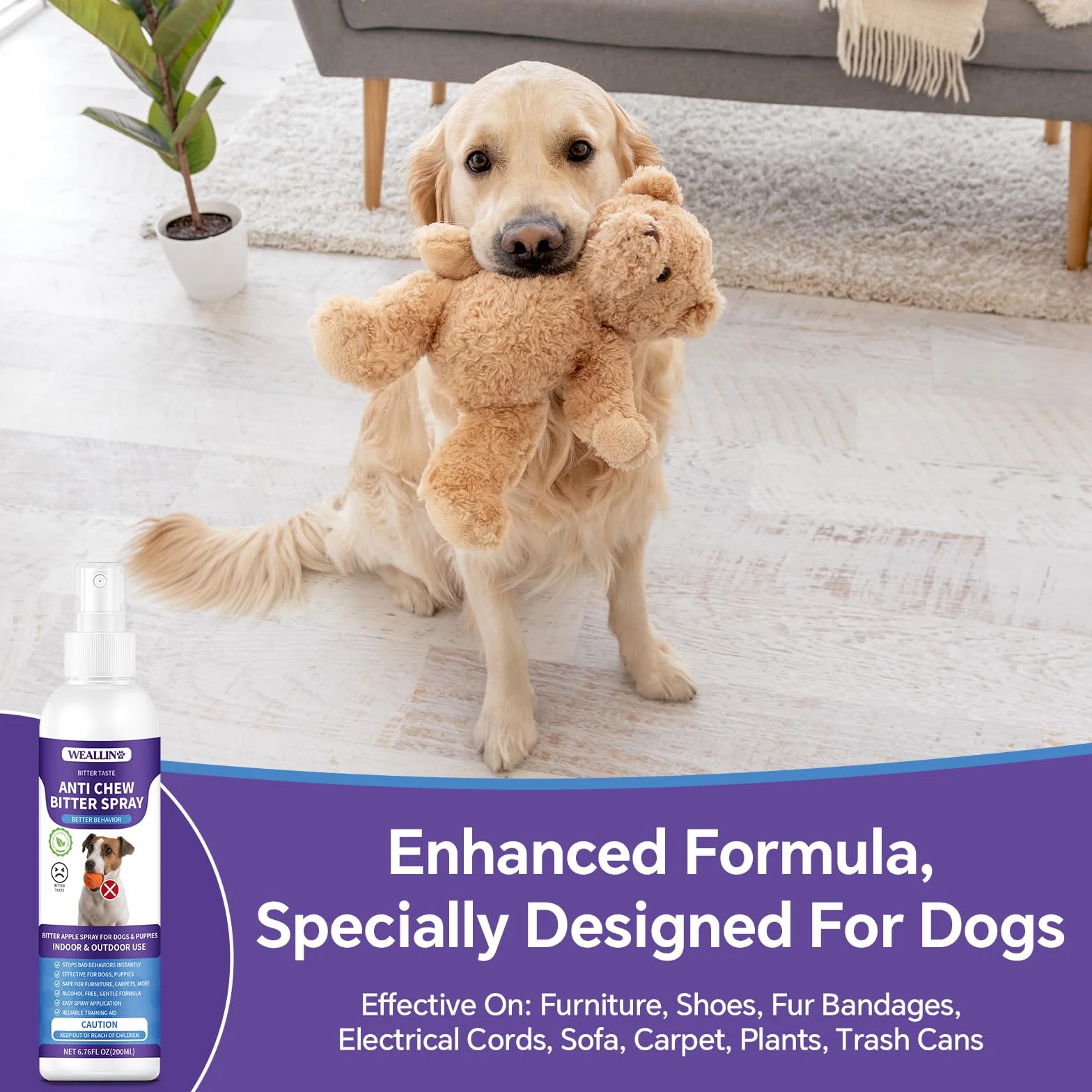 WEALLIN Spray Repellente per Cani, 200ml Repellente per Cani, Spray Anti-Masticatore, Spray Amaro per Cani per Mobili & Giardino, Sicuro per Uso Interno ed Esterno