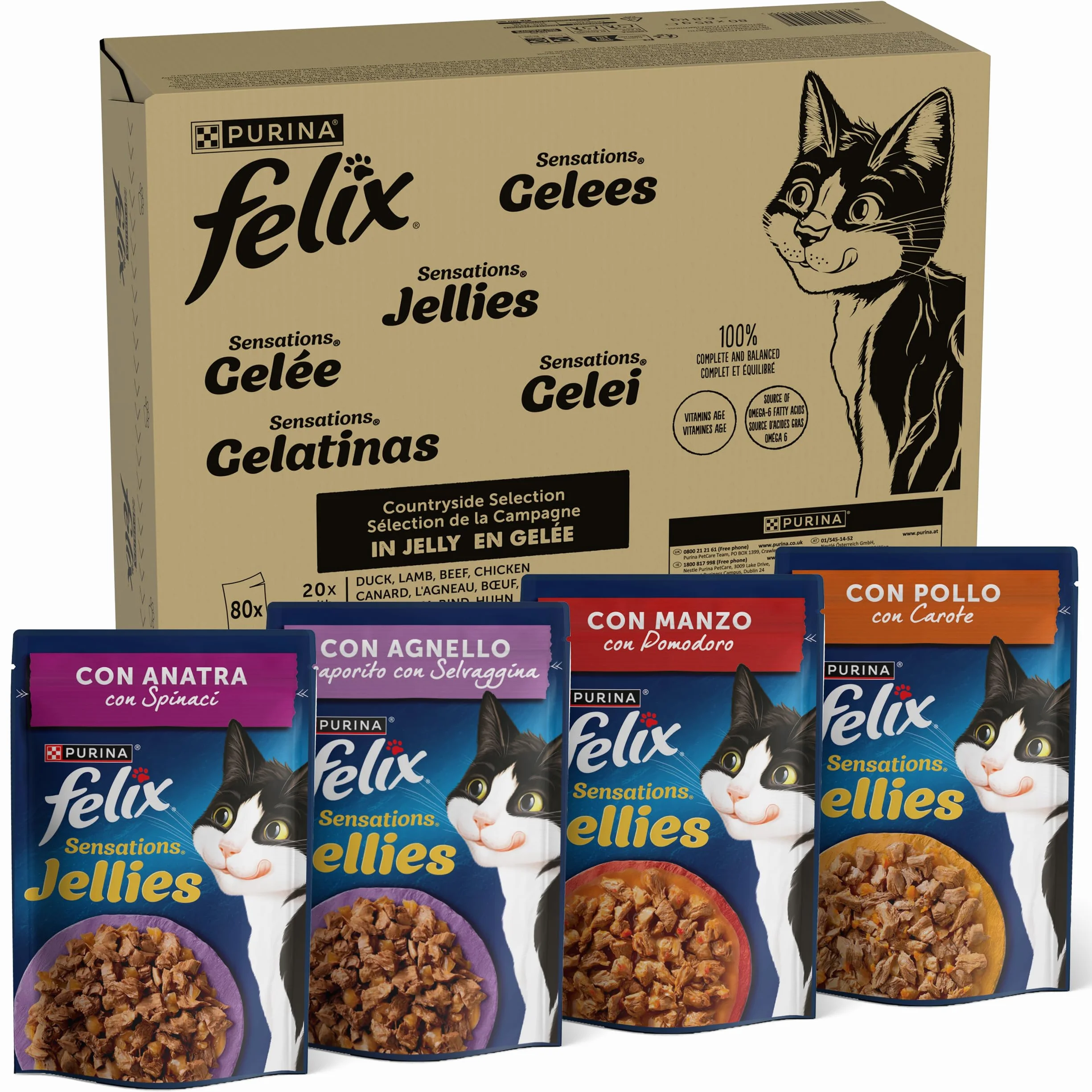 FELIX Sensations Jellies Cibo Umido per Gatti Adulti Bocconcini in Gelatina con Anatra e Spinaci, Agnello e Selvaggina, Manzo e Pomodoro, Pollo e Carote 80 Bustine da 85 g cibo per gatti
