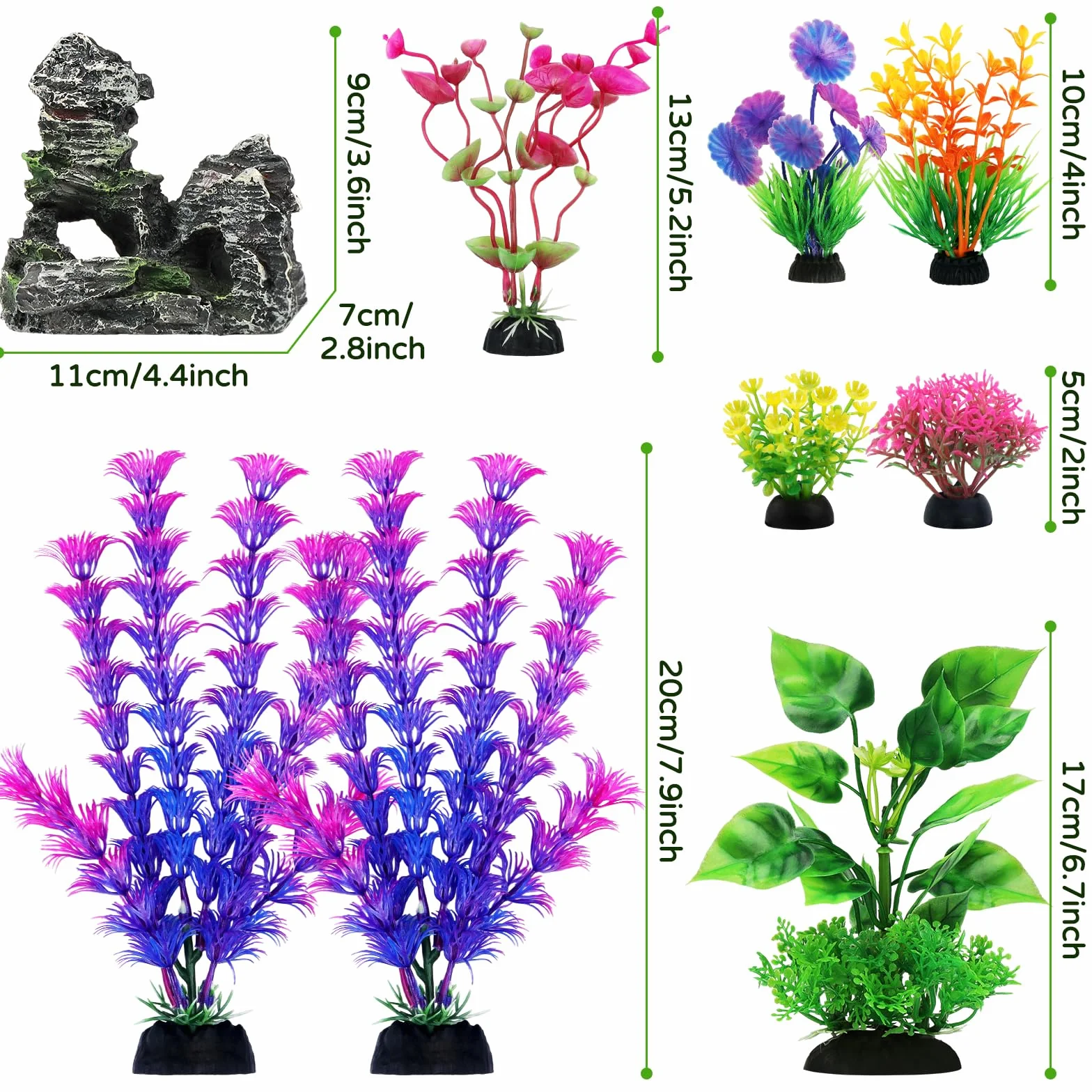 QUOZUO Decorazioni per acquari, 9 pezzi piante con vista rocciosa in resina, acquari piante in plastica, accessori per acquari e nascondigli