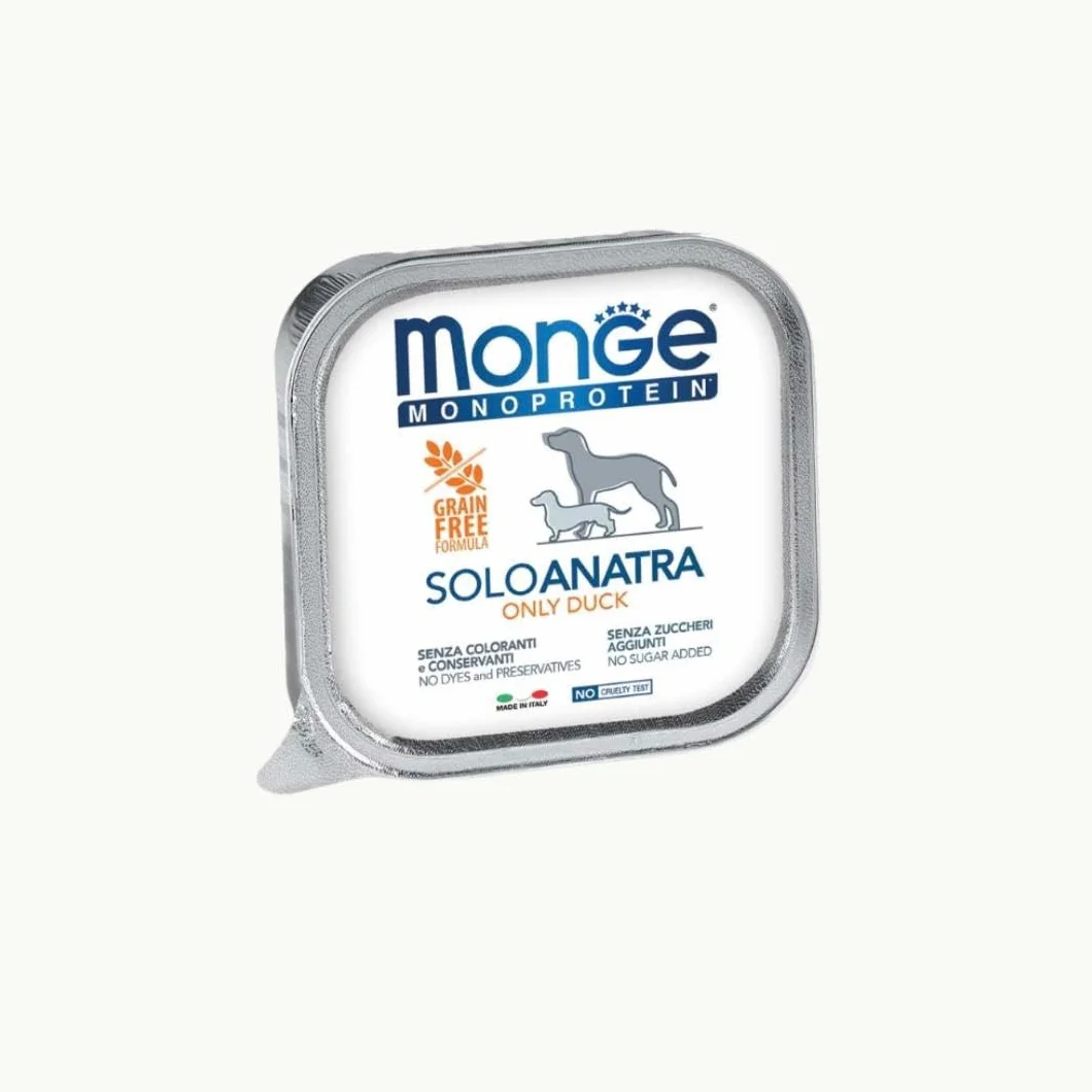 Monge Monoprotein umido cane gusto SOLO ANATRA formula grainfree | 12 vaschette da 150 grammi l'una.