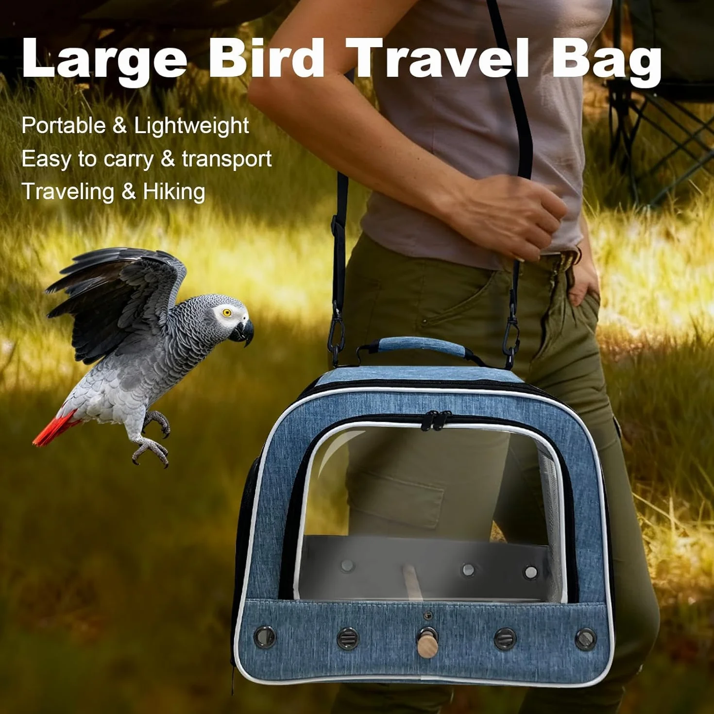 Trasportino per uccelli per il trasporto di pappagalli di grandi dimensioni, borsa portatile con vassoio in metallo e griglia per uccelli medi e grandi come il grigio africano, calopsita e pappagallo