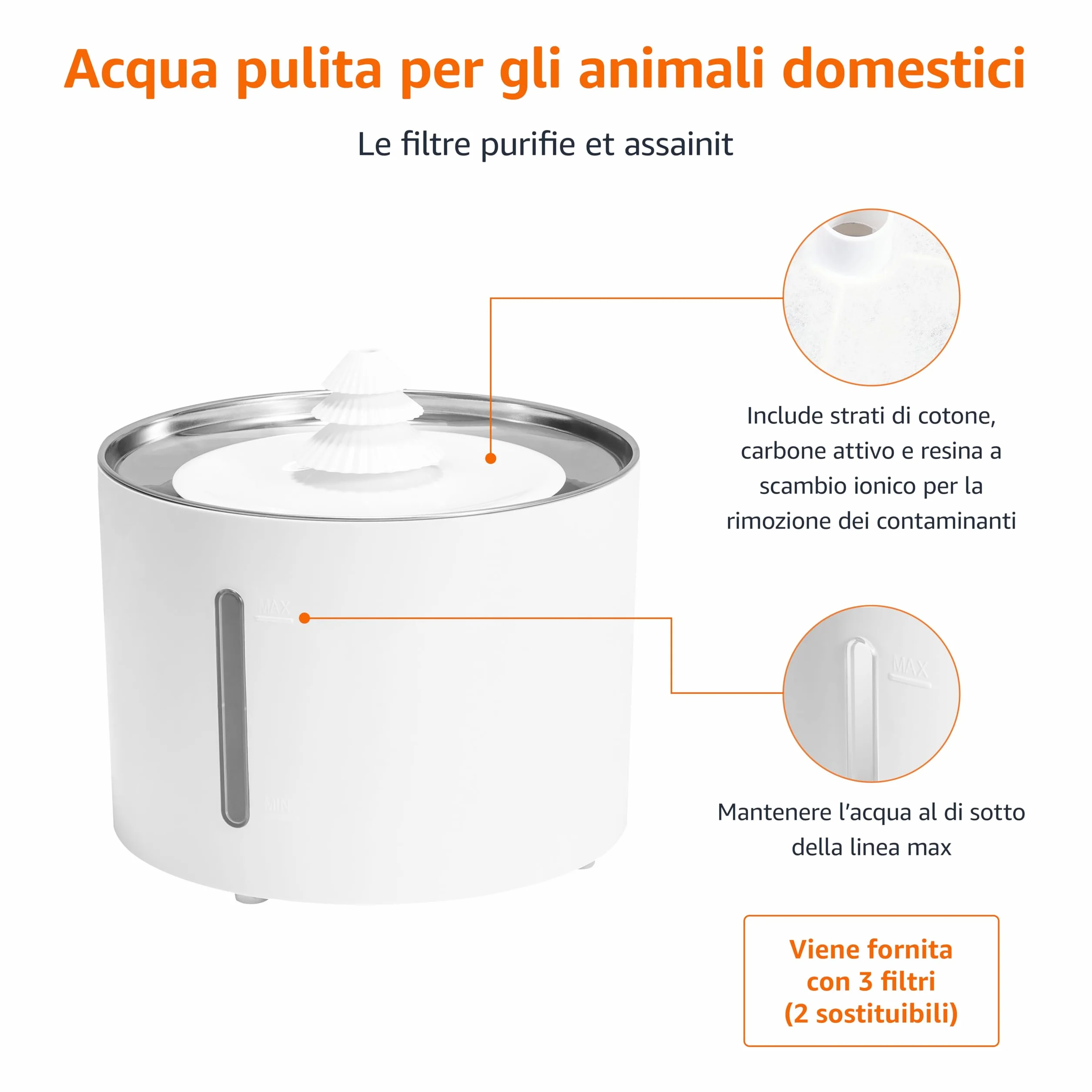 Amazon Basics Fontana d'acqua per gatti in acciaio inossidabile con 3 filtri, 3 L, Bianco