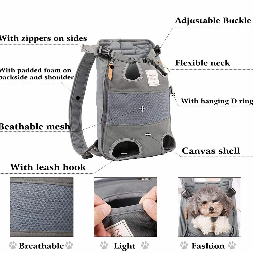 Tineer Zaino per Animali Domestici,Regolabile Dog Front Legs out Carrier Backpack Il Sacchetto di Mano Libero Viaggi,Easy-Fit per 5-12KG Piccole Medie Gatti Cani attività all'aperto (Grigio)