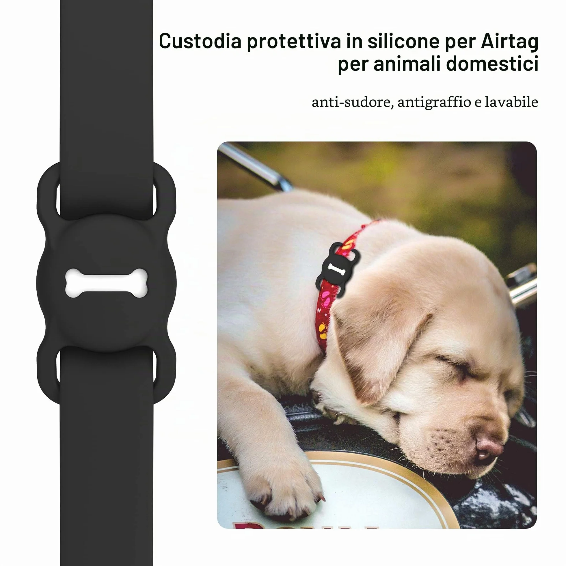 Airtag - Supporto per collare per cani, DLENP, in silicone, per il monitoraggio GPS, per gatti e gatti con motivo osseo (1 confezione (nero)