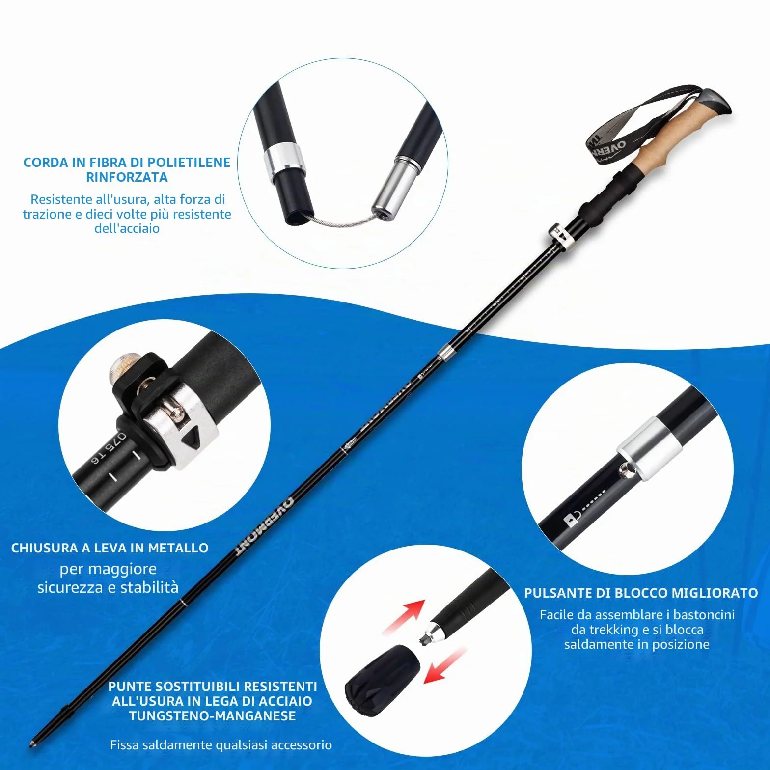 Overmont Bastoni Trekking Pieghevole Regolabile 105-125cm 1 Paio Ultraleggeri Nordic Walking Manico in Sughero