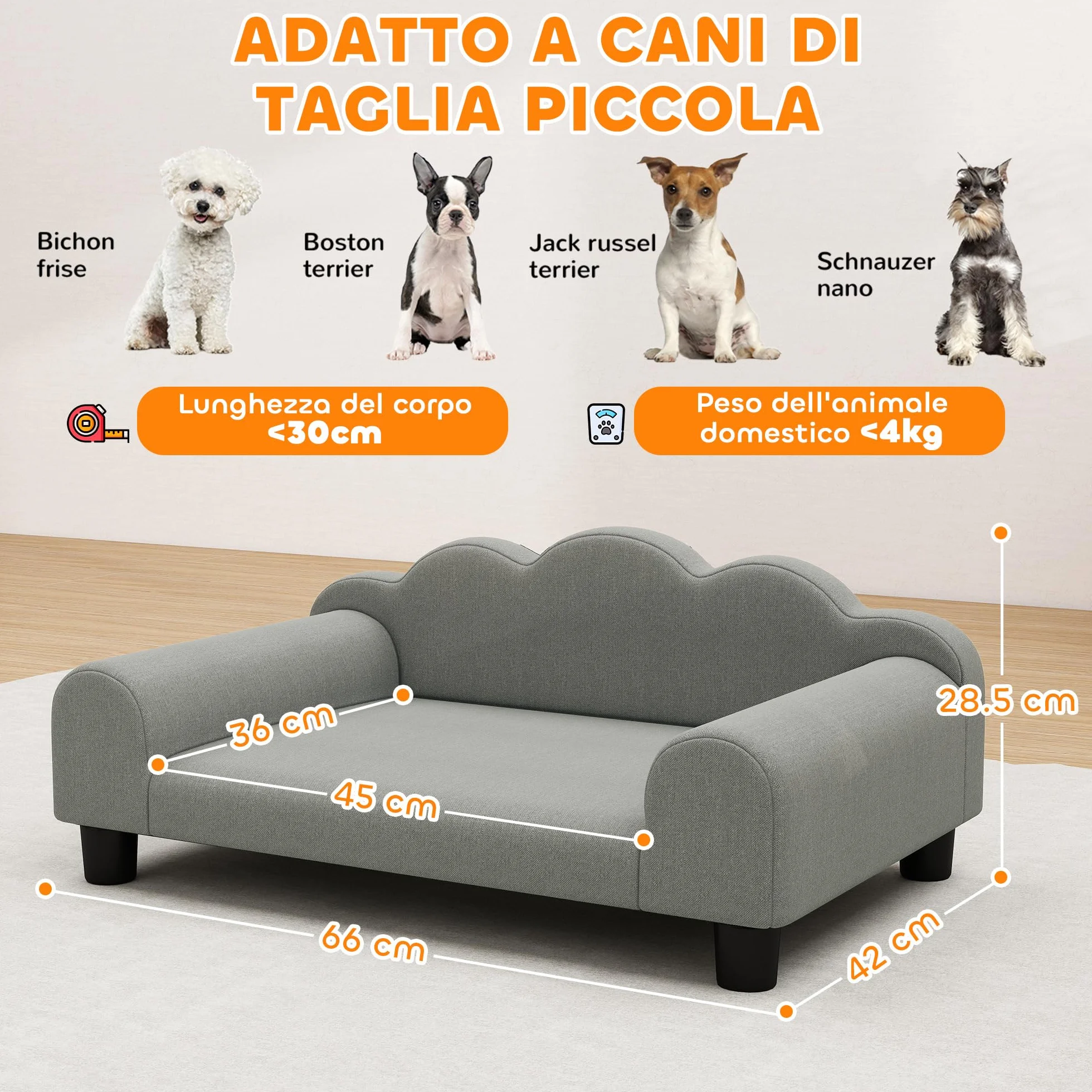 PawHut Divano per Cani Piccoli Morbido con Braccioli di Supporto, Divanetto per Cani in Legno e Tessuto French Terry, 66x42x28.5 cm, Grigio