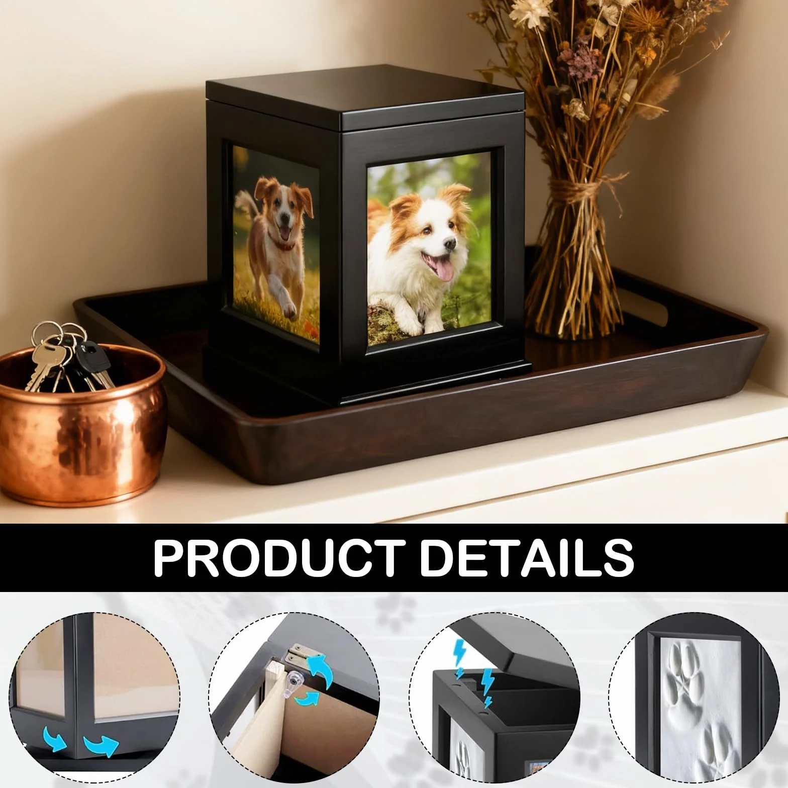 Urna per Ceneri Cane o Gatto, Urna per Animali Domestici con Cornice Portafoto Souvenirs Grande Scatola in Legno Souvenir Urne Funerarie Animali Regalo Commemorativo