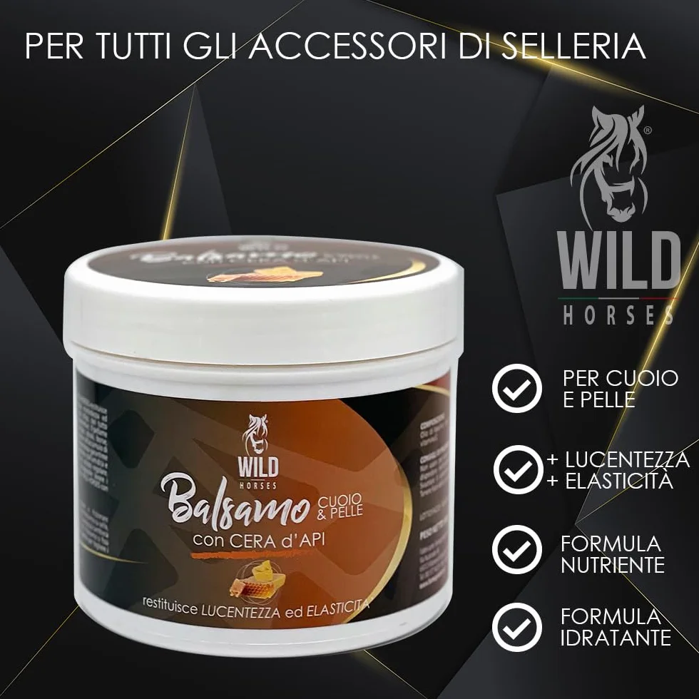 Wild Horses | Balsamo Cuoio & Pelle con Cera d'Api, Restituisce Lucentezza ed Elasticità, per Cuoio e Selleria, 500g, Made in Italy
