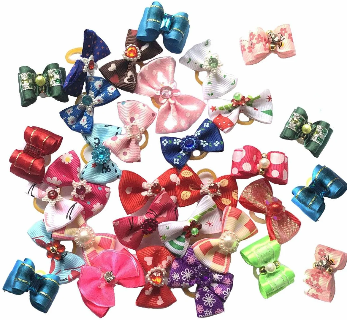 50 fiocchi per peli di animali domestici con elastico per Yorkie di piccola taglia, colori assortiti