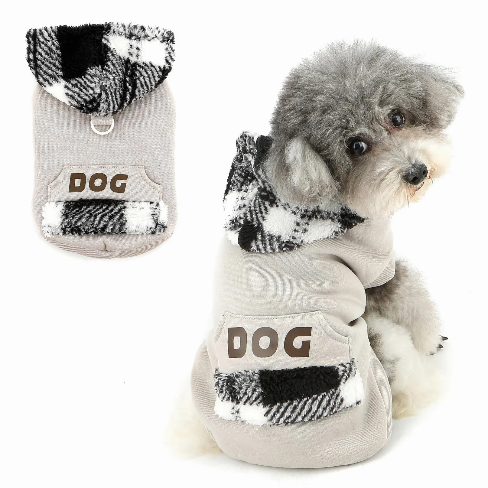 XHYRHTS Maglione in Pile per Cani con Cappuccio Scozzese Fuzzy per Razze XSmall Piccole, Caldo Pullover Senza Maniche con Anello a D e Tasca, Completo Invernale con Cappuccio per Cuccioli Gattini