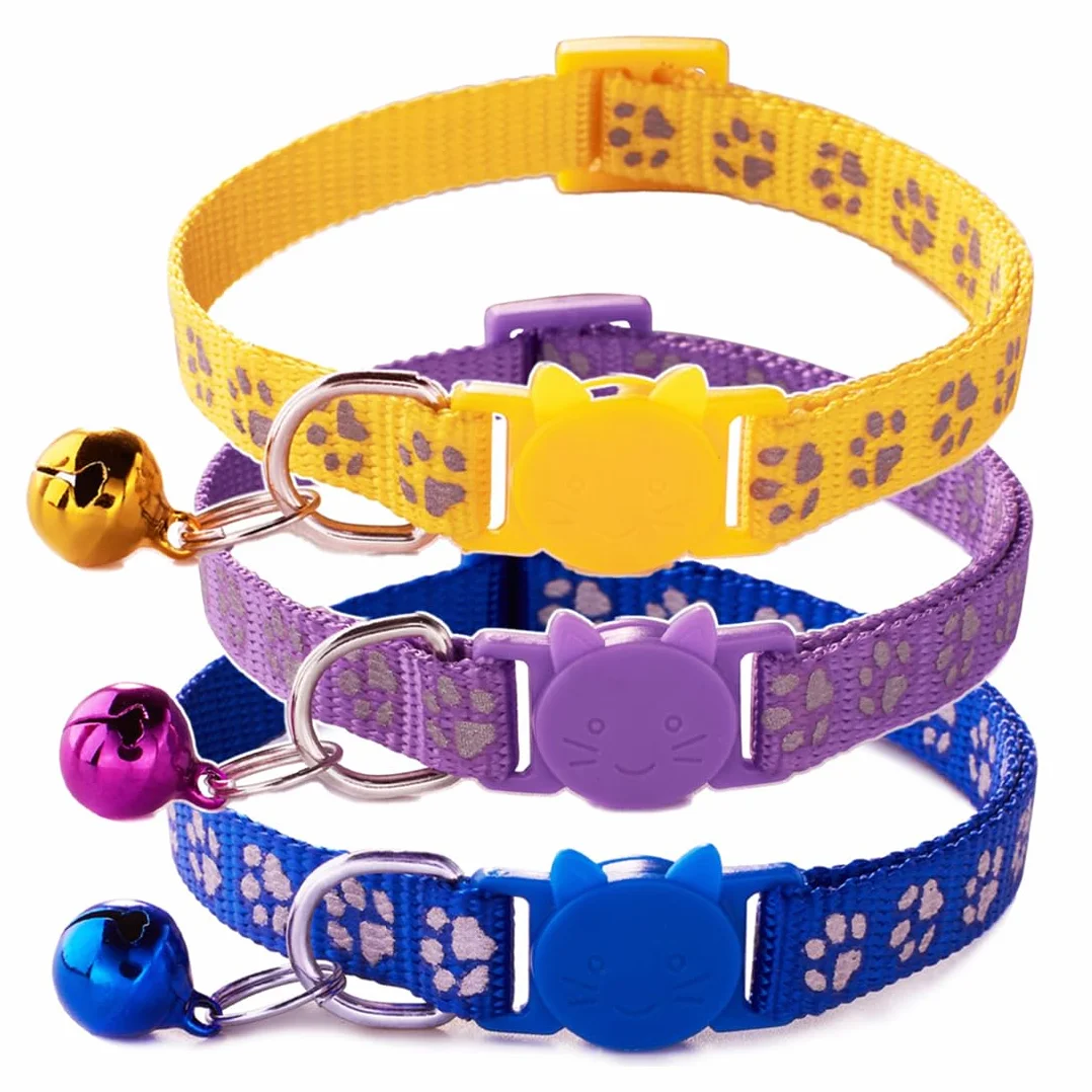 GXGM 3 Pezzi Collare Gatto Antistrozzo con Fibbia di, Sicurezza e Campanello, Regolabile Collare per Gatti, Sicuro Nylon Accessorio per Animali Domestici, Personalizzato (Blu Viola Giallo)