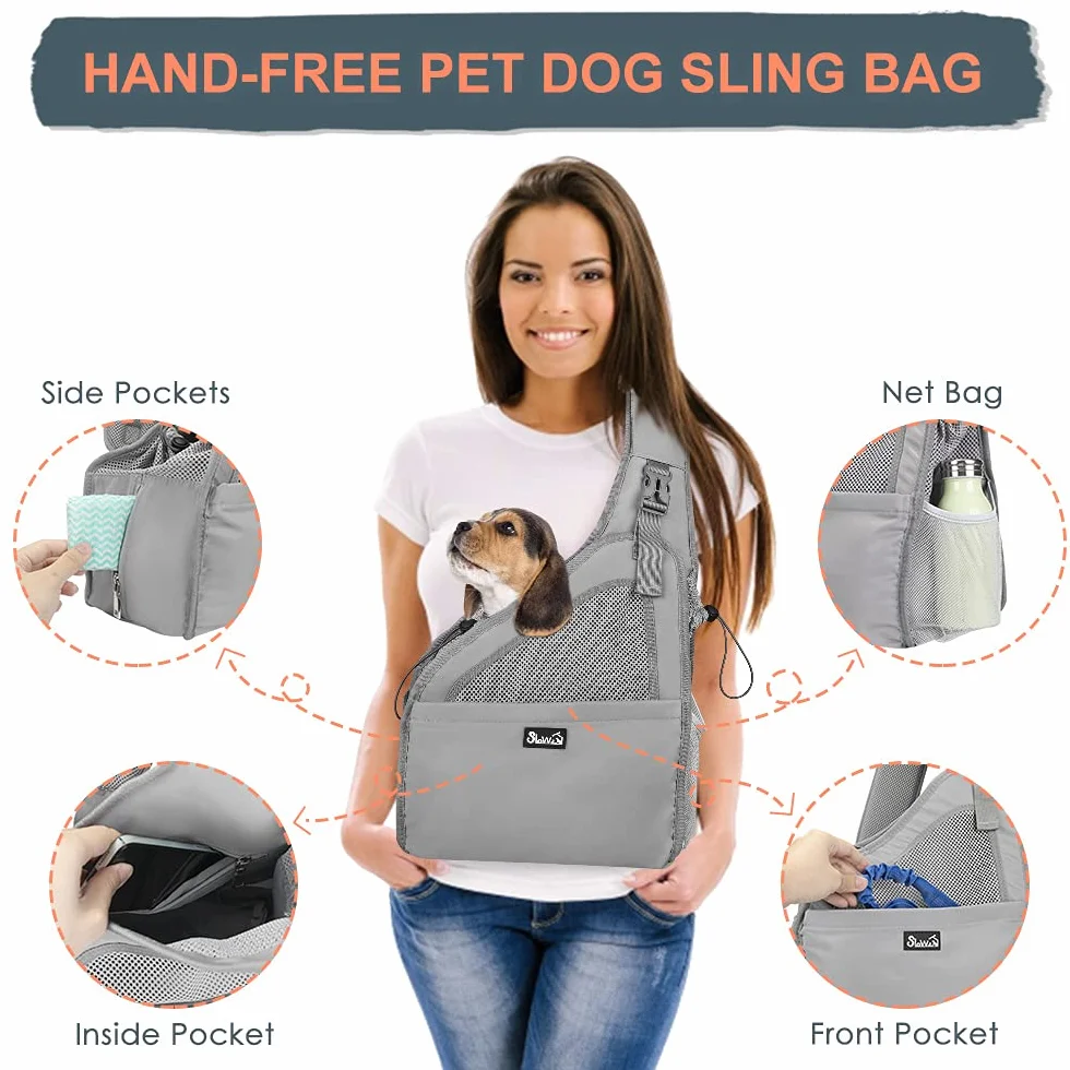 Nasjac Pet Dog Sling Carrier, Hands Free Papoose Small Animal Puppy Travel Bag Tote Cinturino imbottito regolabile Rete traspirante Fondo rigido Apertura Tasca frontale Cintura di sicurezza Lavabile