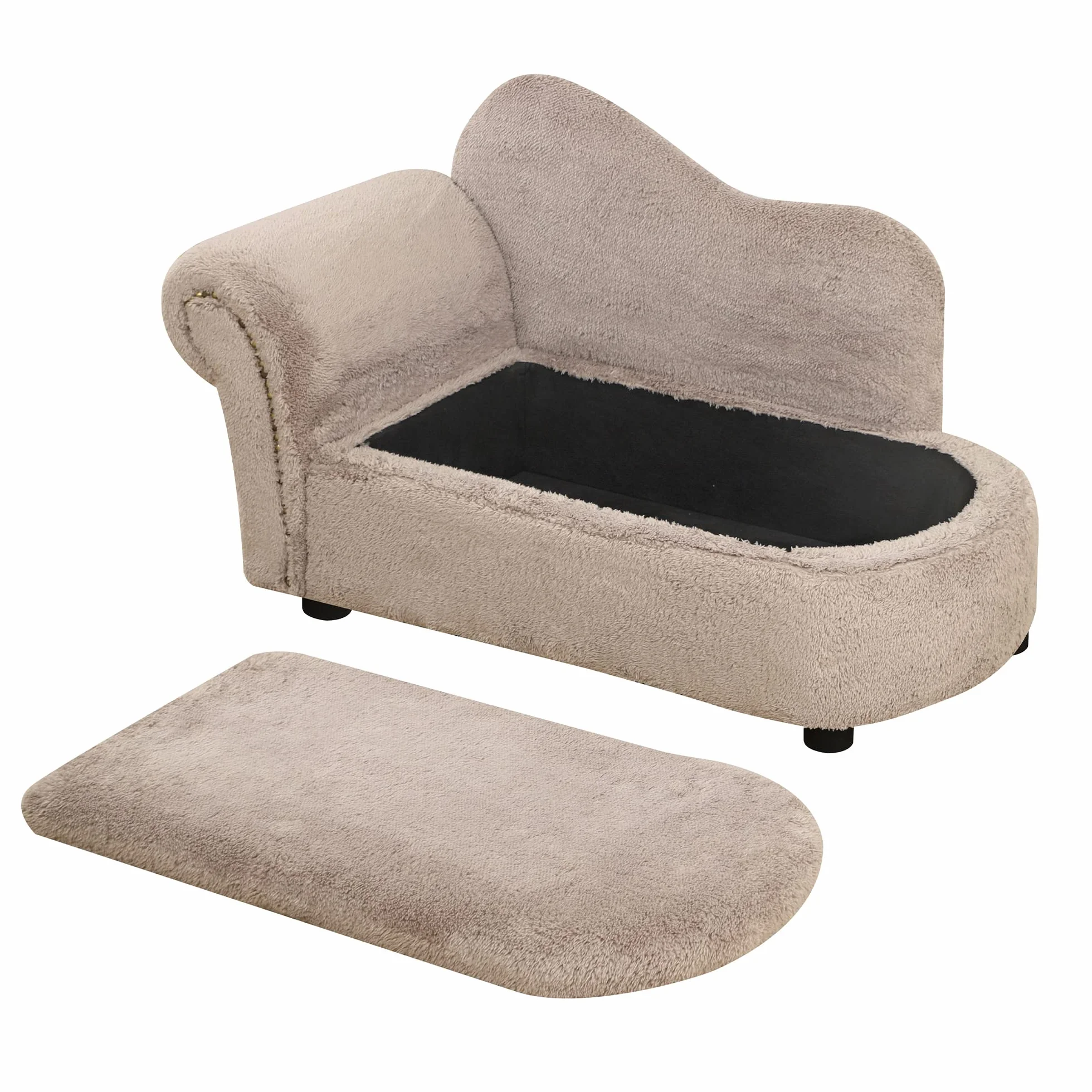 PawHut Divano per Cani Rialzato con Spazio Portaoggetti a Scomparsa, Divano Imbottito in Legno e Tessuto Vellutato, 80x40x46 cm, Beige