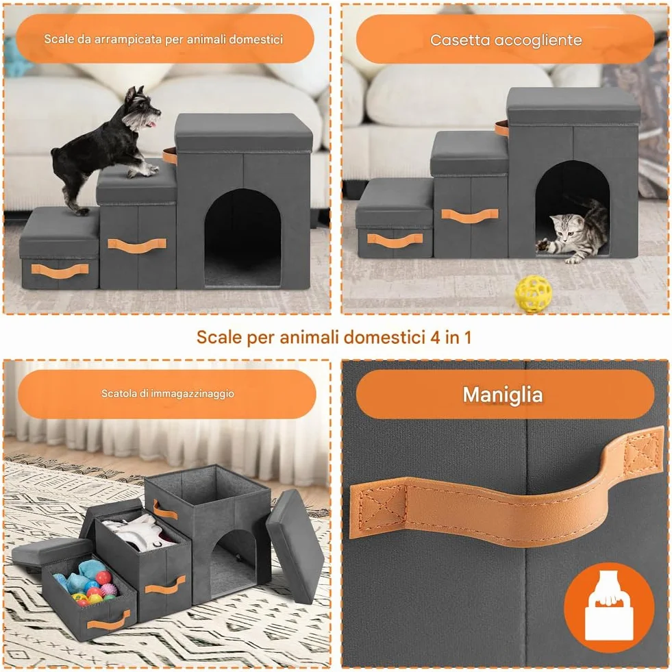 BAKAJI Pieghevole Scala per Cani e Gatti 3in1 Velluto Grigio, Scaletta per Animali Domestici Multifunzione con Contenitore e Cuccia, Antiscivolo
