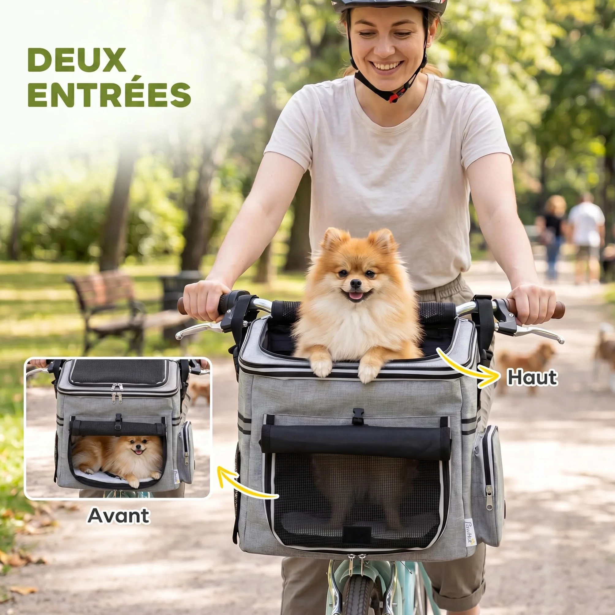 PawHut Cestello da bicicletta Anteriore per Cani Gatti, Cestino Bici Anteriore Portatile con Guinzaglio di Sicurezza, Base Rigida Rimovibile, Coperchio Staccabile, Cuscino Soffice, Finestre e Porta
