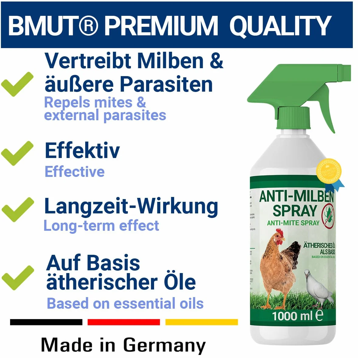 Spray antiacaro 1000 ml per pollame uccelli protezione parassiti uso acuto preventivo