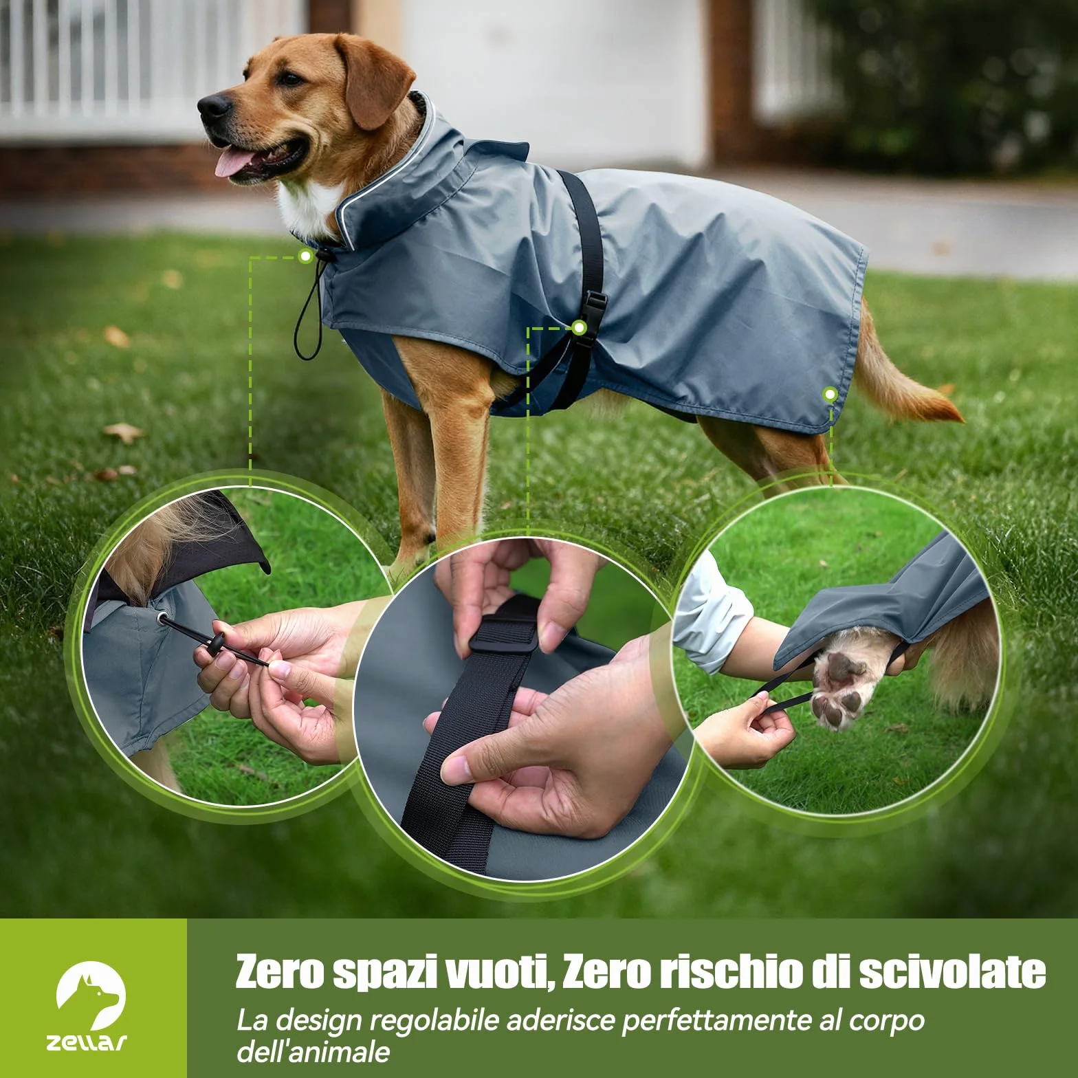 Zellar Impermeabile per Cani Regolabile, Leggero con Buco per Collare e Strisce Riflettenti, Vestibilità Facile, Traspirante Cappotto Pioggia Cane Taglie Media e Grandea (XL, Grigio)